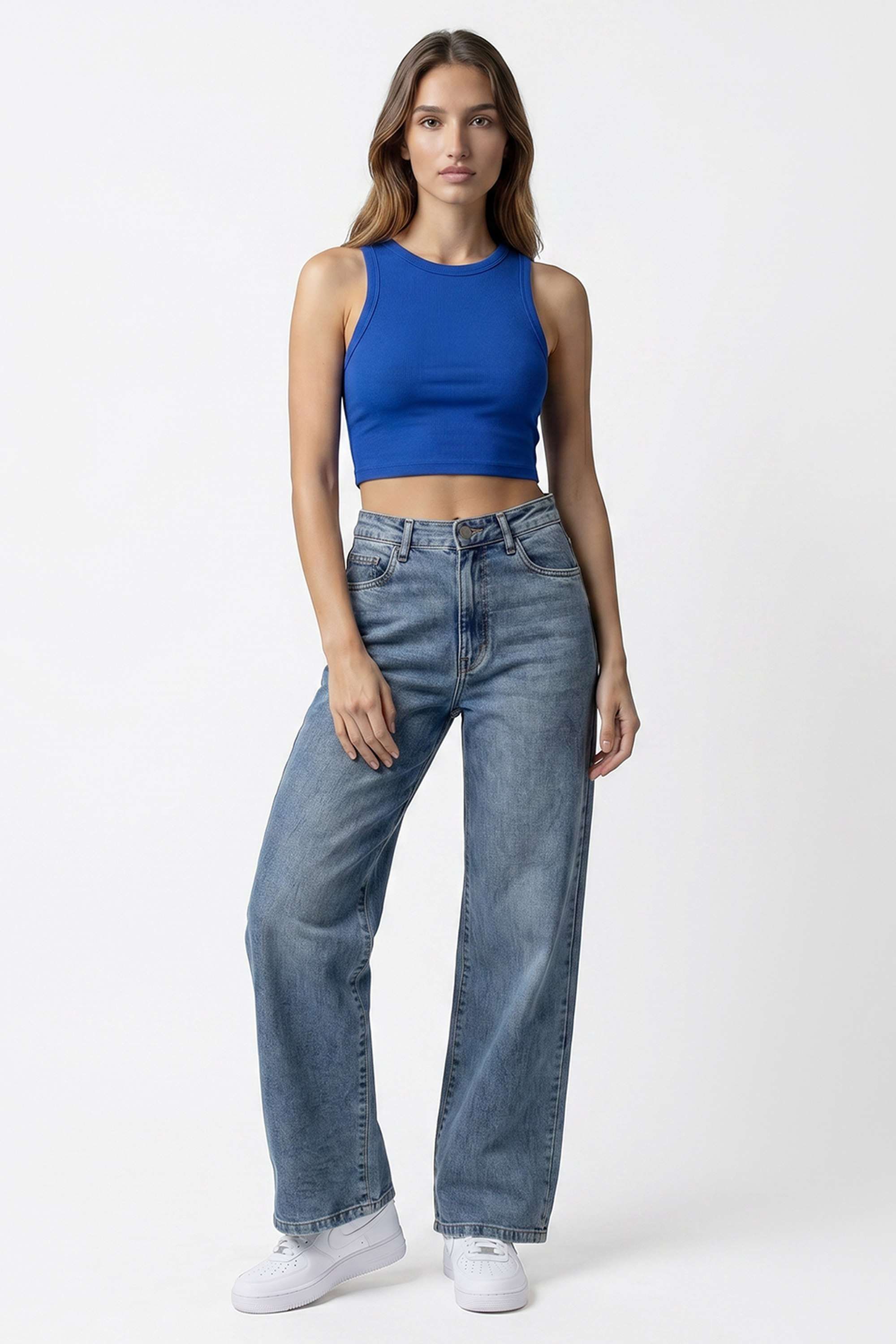High Rise Cotton Blend Wide Leg Fit Women's Jeans-image-24