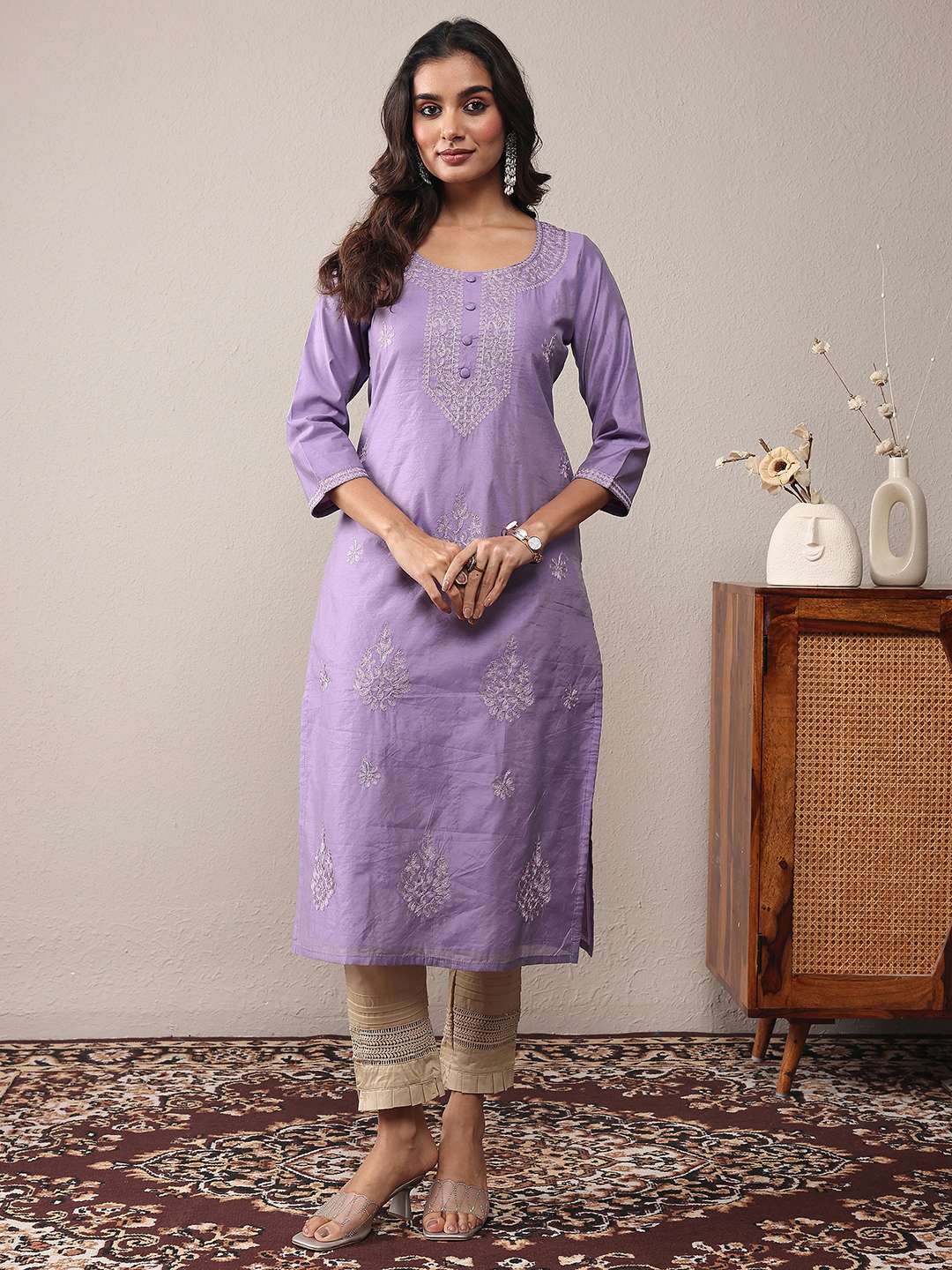 Embroidered-Chanderi-silk-Round-Neck-Women-s-Casual-Wear-Kurta