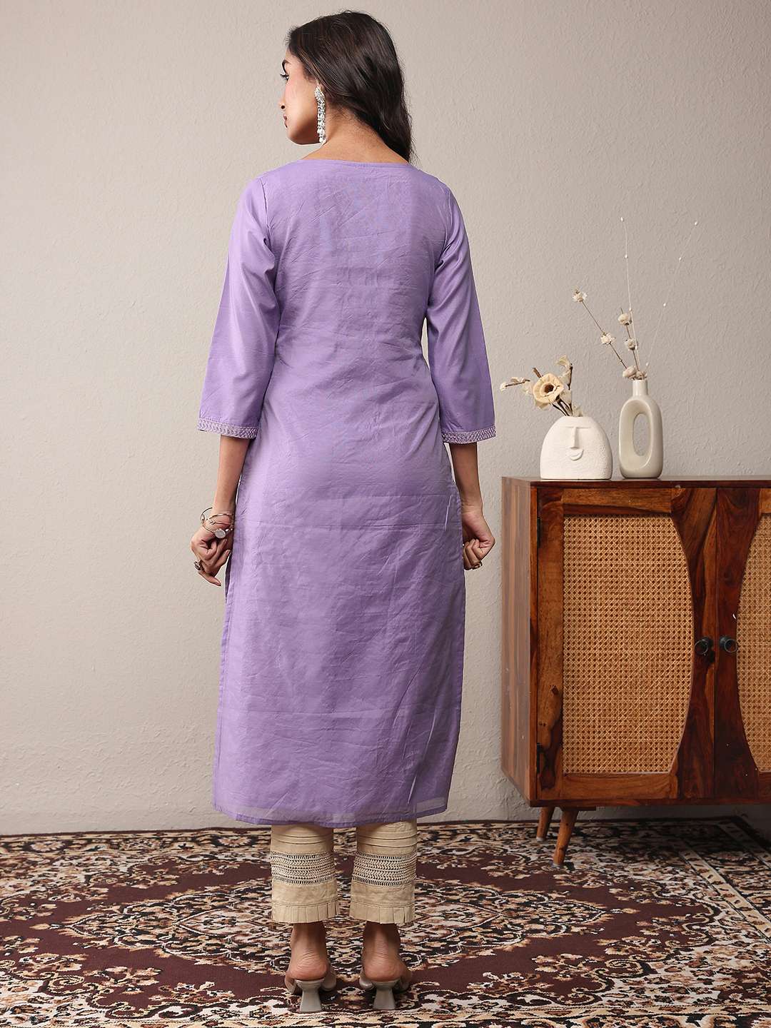 Embroidered-Chanderi-silk-Round-Neck-Women-s-Casual-Wear-Kurta