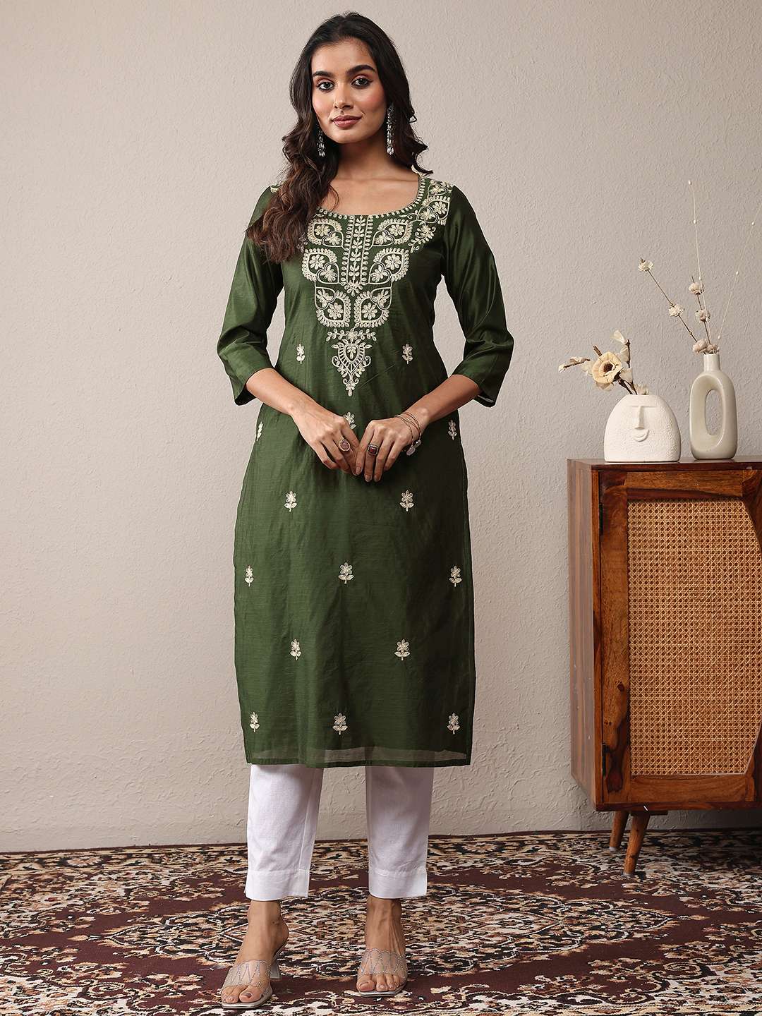 Embroidered-Chanderi-silk-Round-Neck-Women-s-Casual-Wear-Kurta