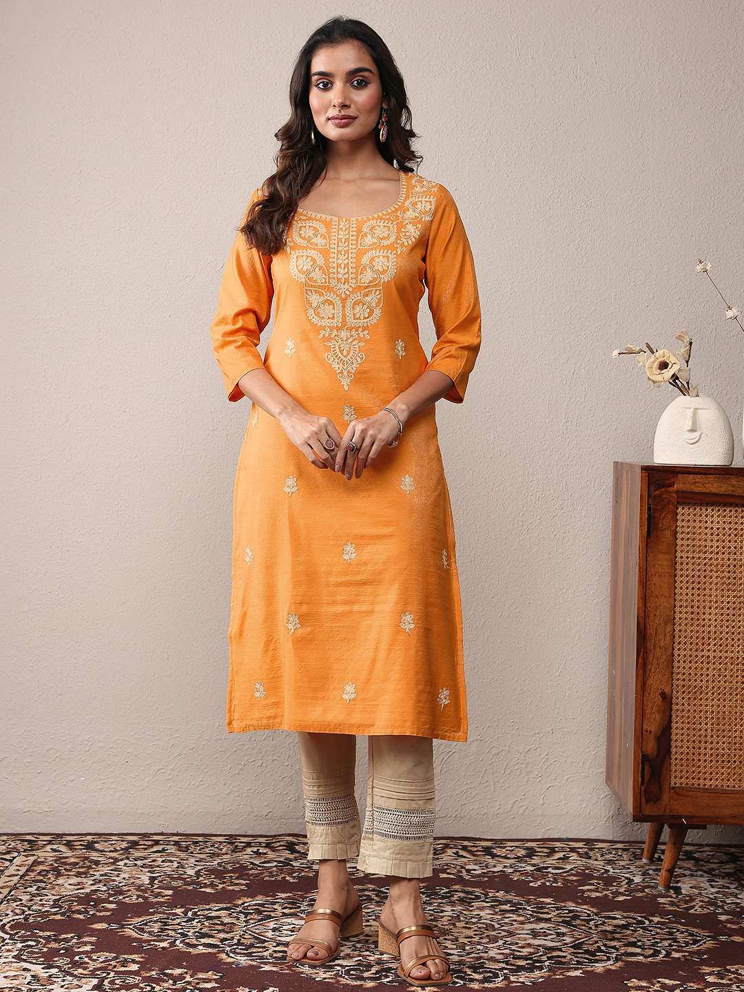 Embroidered-Chanderi-silk-Round-Neck-Women-s-Casual-Wear-Kurta