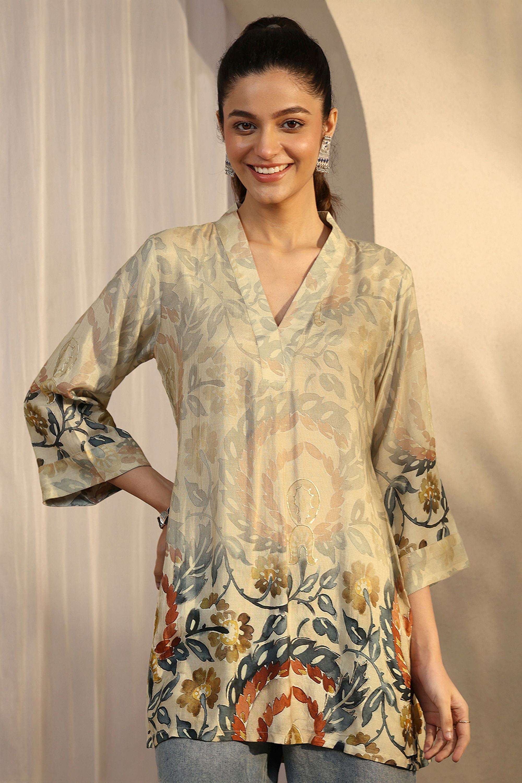 Floral-Muslin-V-Neck-Women-Tunic