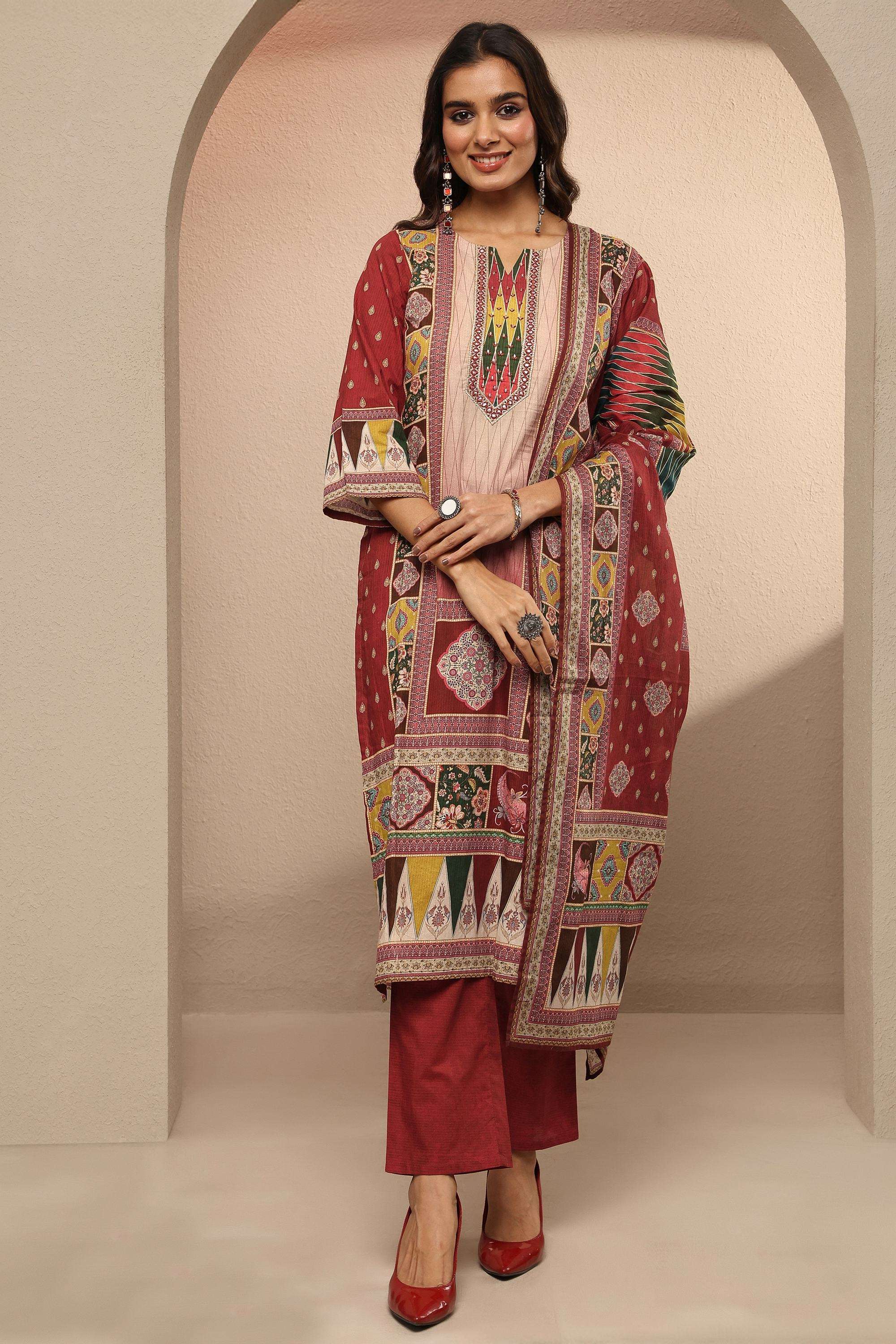 Printed-Cotton-Round-Neck-Women-Festive-Wear-Kurta-with-Pant-and-Dupatta