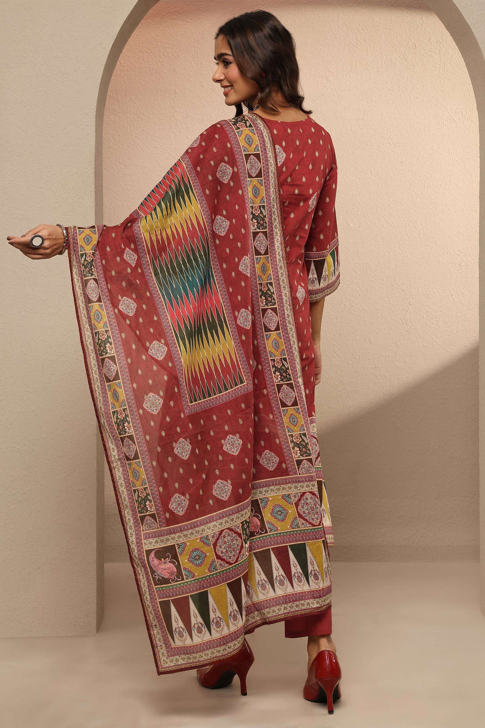 Printed-Cotton-Round-Neck-Women-Festive-Wear-Kurta-with-Pant-and-Dupatta