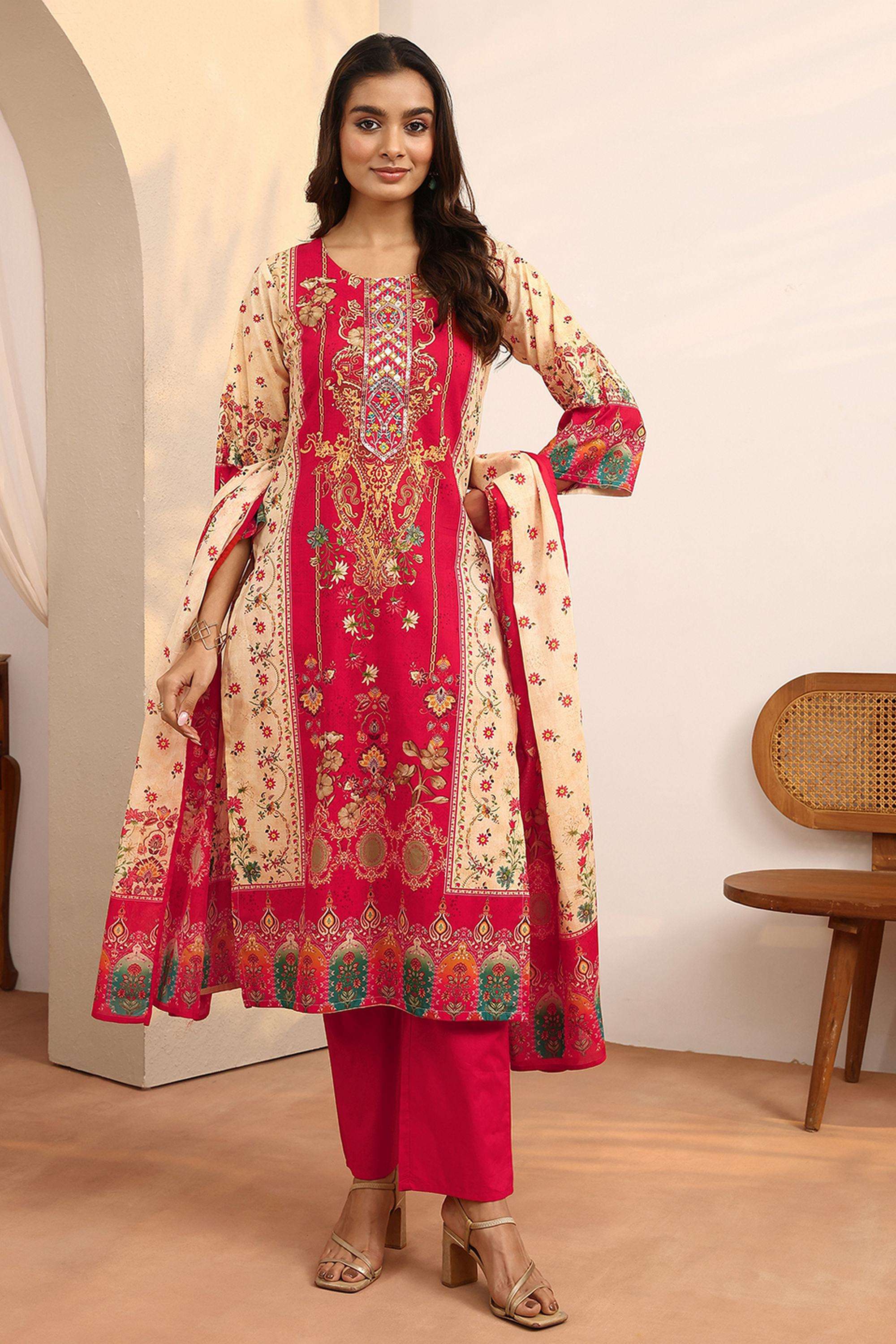 Printed-Cotton-Round-Neck-Women-s-Festive-Wear-Kurta-Set
