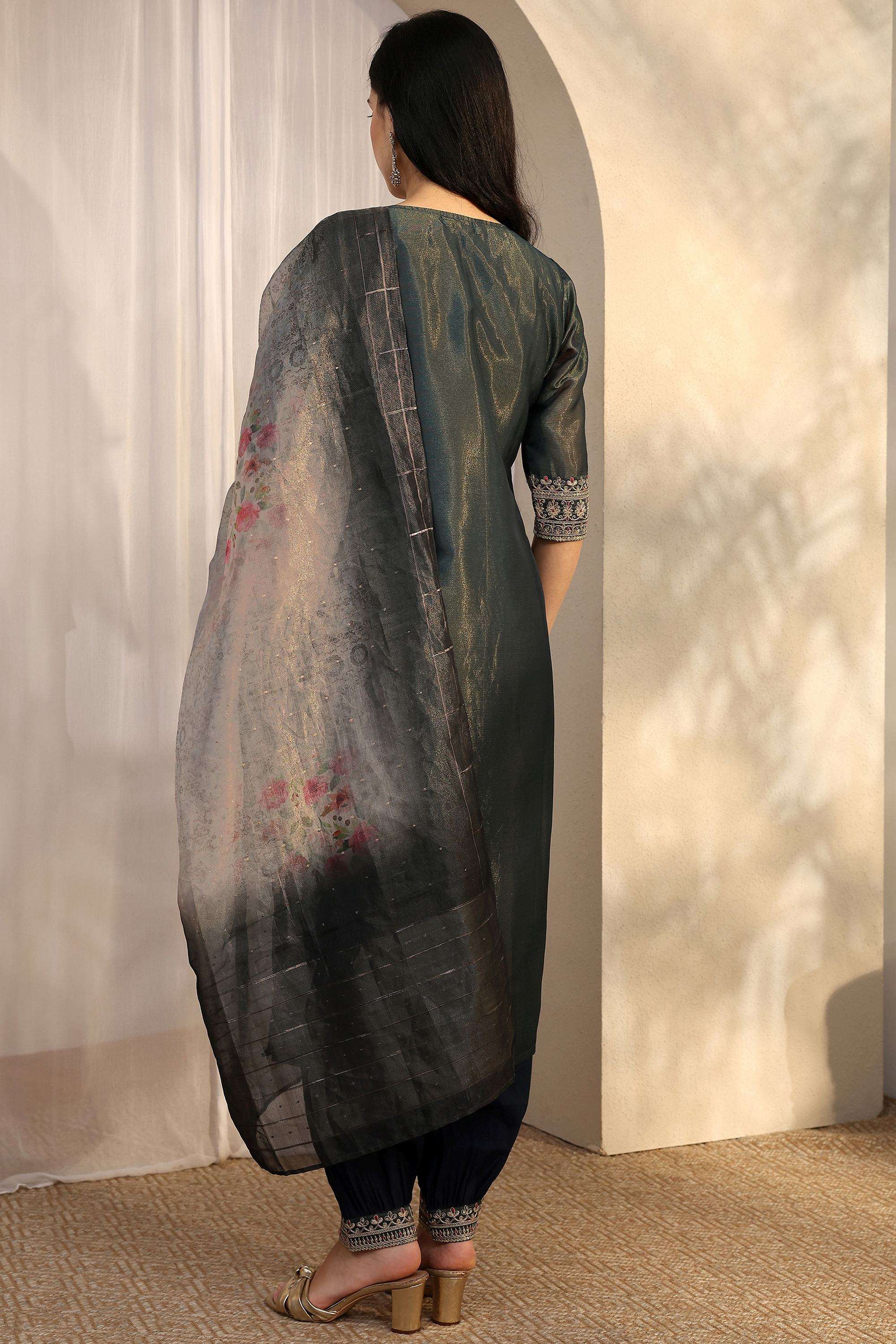 Embroidered-Blended-Fabric-Round-Neck-Women-Kurta-with-Salwar-and-Dupatta