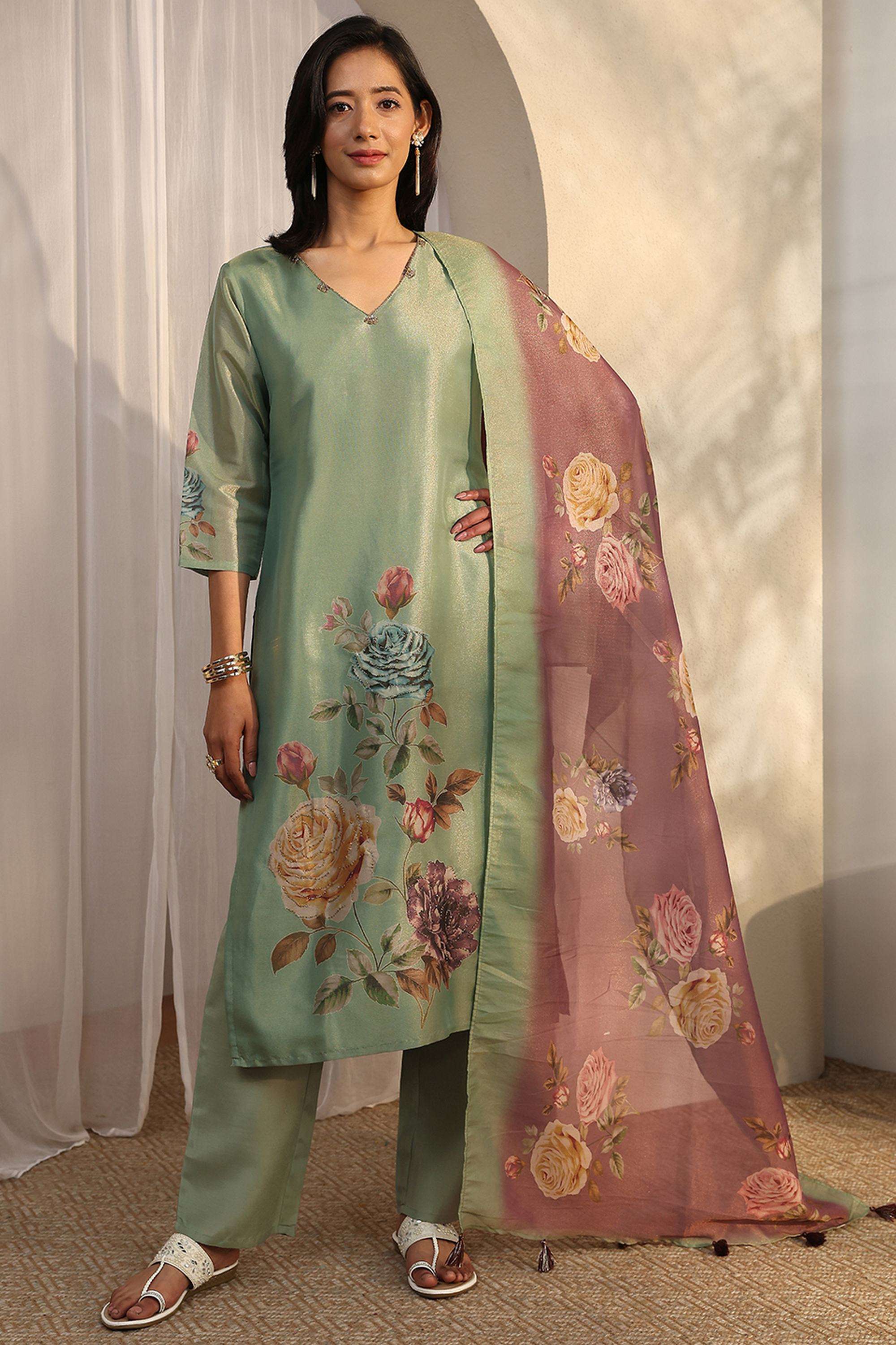 Floral-Blended-Fabric-V-Neck-Women-Kurta-with-Pant-and-Dupatta