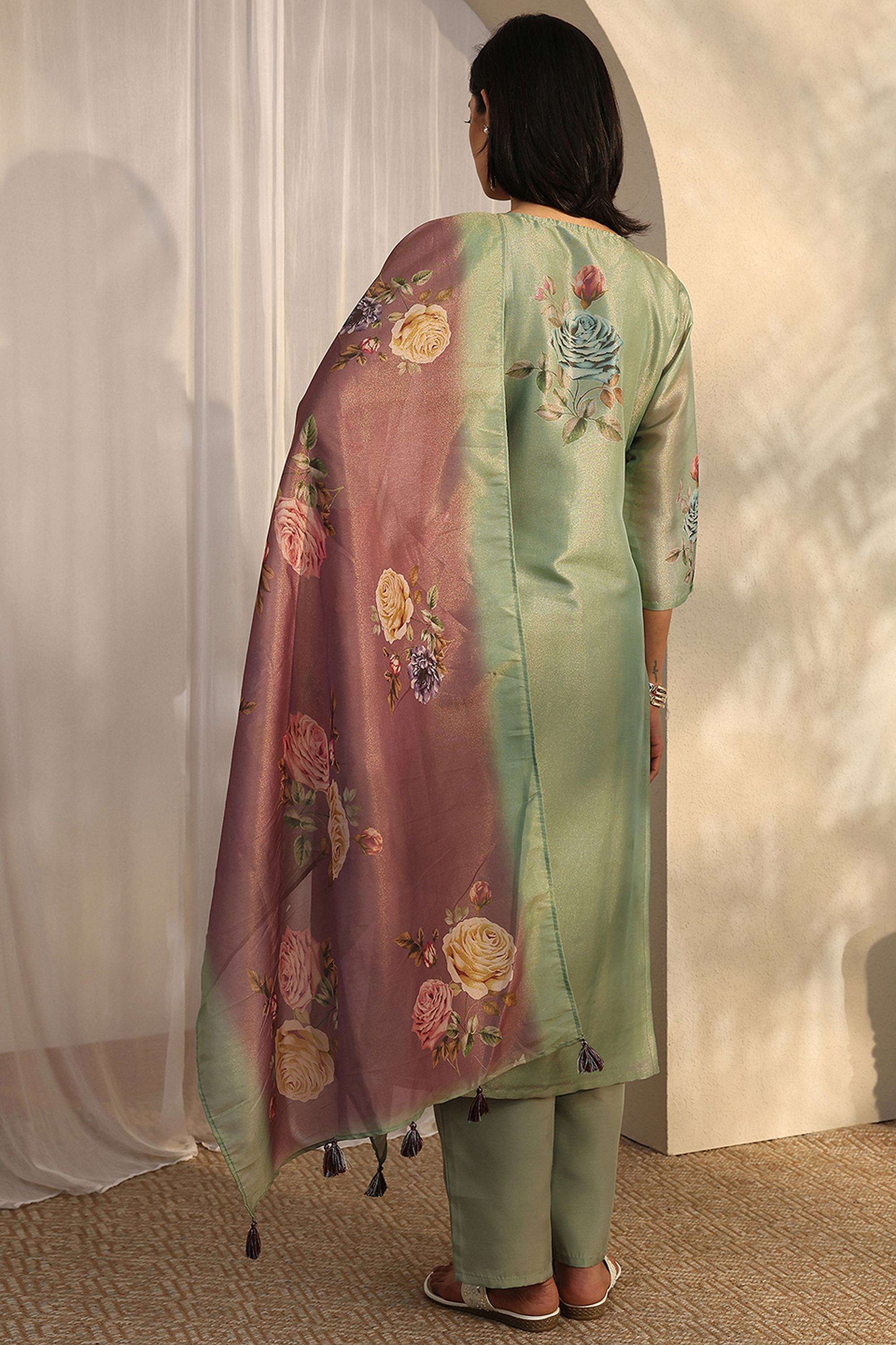 Floral-Blended-Fabric-V-Neck-Women-Kurta-with-Pant-and-Dupatta