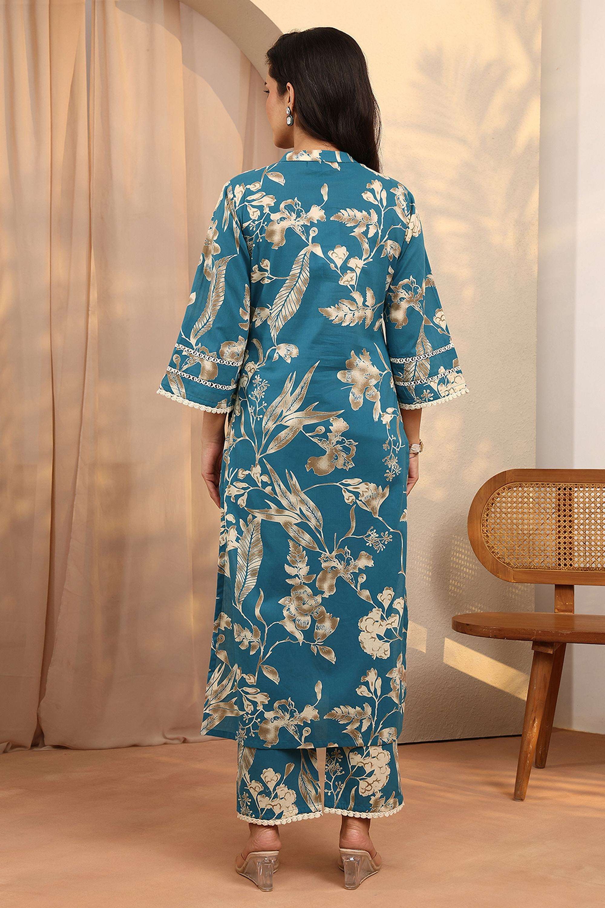 Floral-Cotton-Collared-Women-Festive-Wear-Kurta-with-Pant