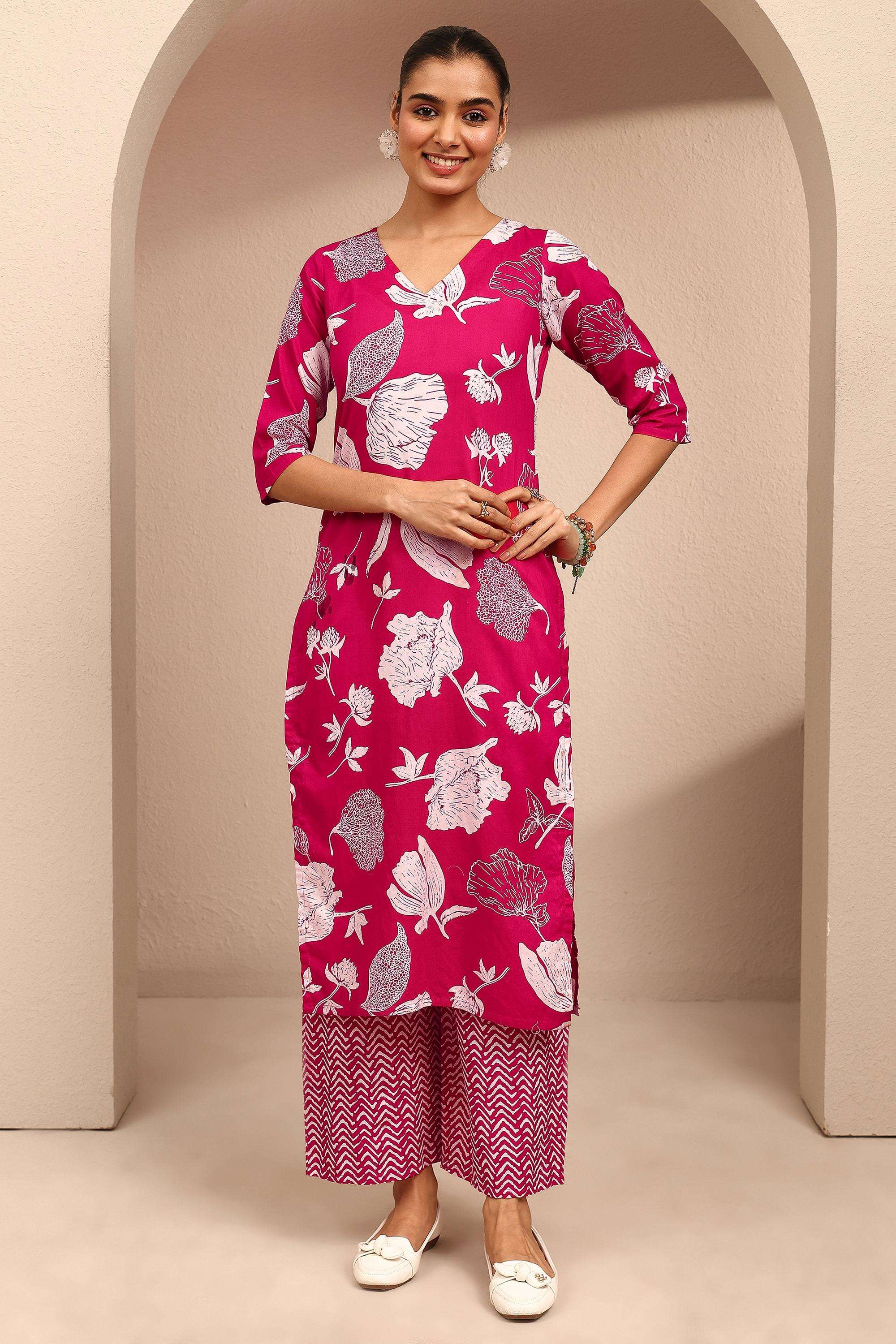 Floral-Cotton-V-Neck-Women-Kurta-with-Palazzo