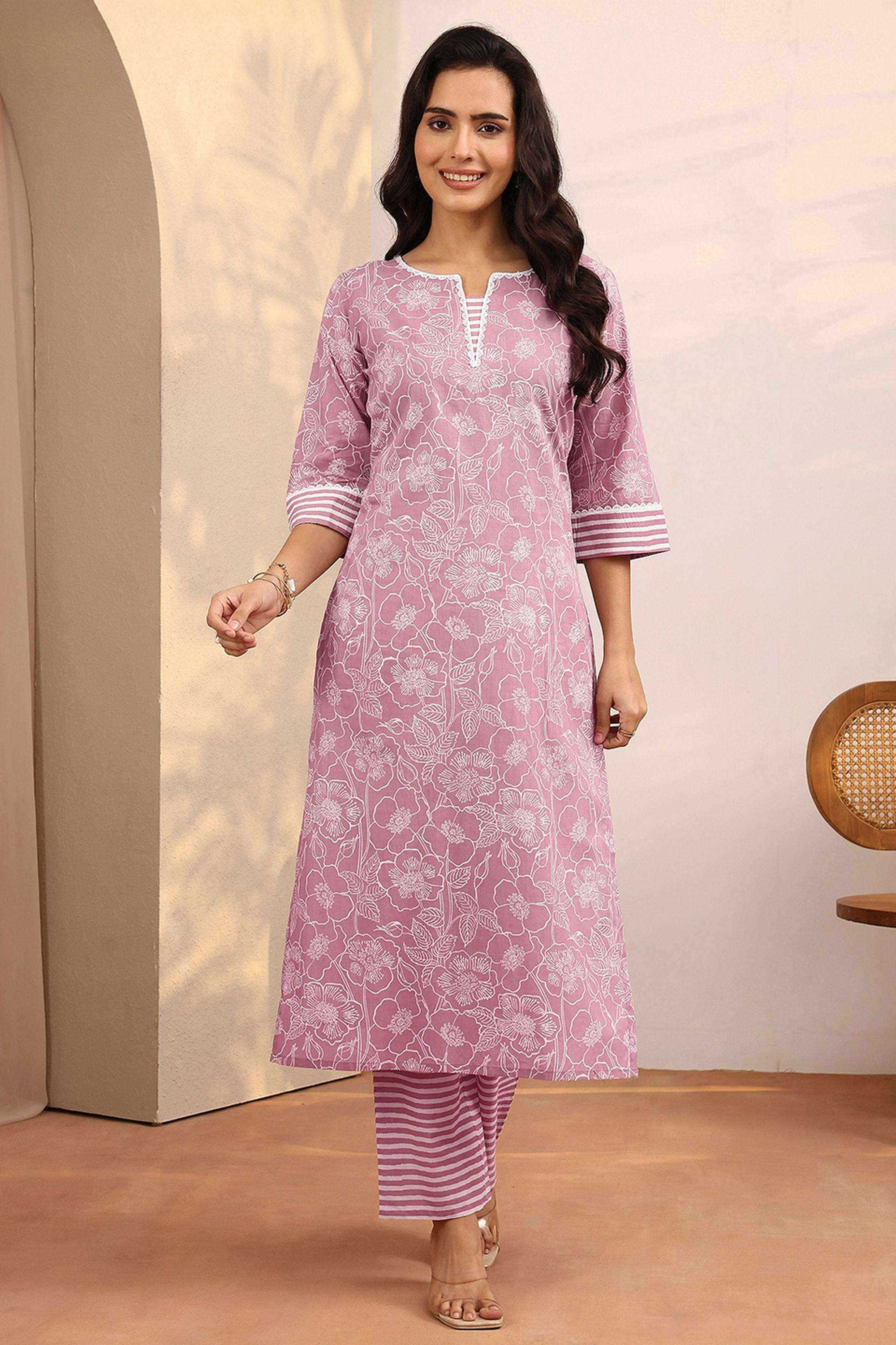 Floral-Cotton-Round-Neck-Women-Festive-Wear-Kurta-with-Pant