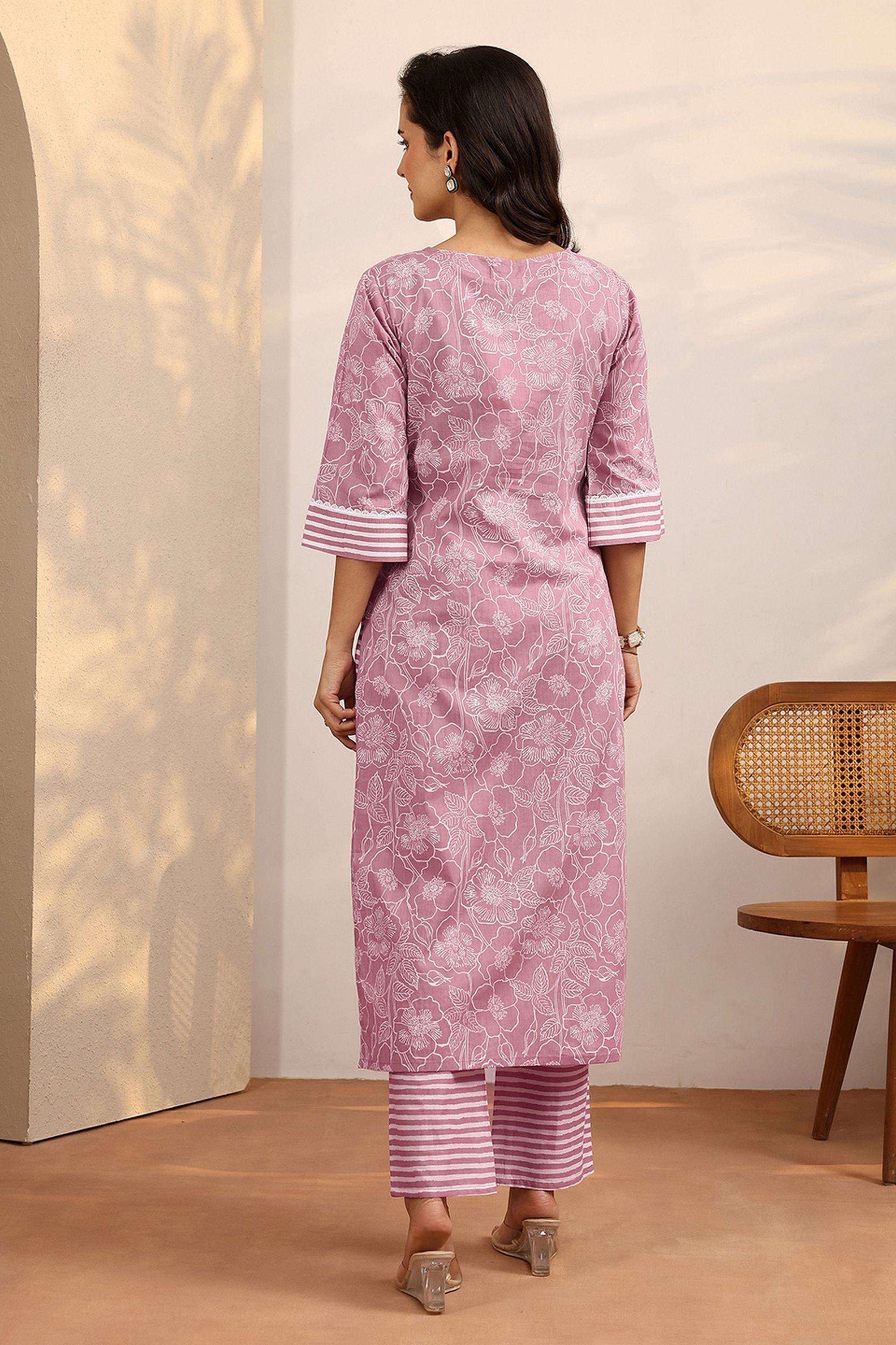Floral-Cotton-Round-Neck-Women-Festive-Wear-Kurta-with-Pant