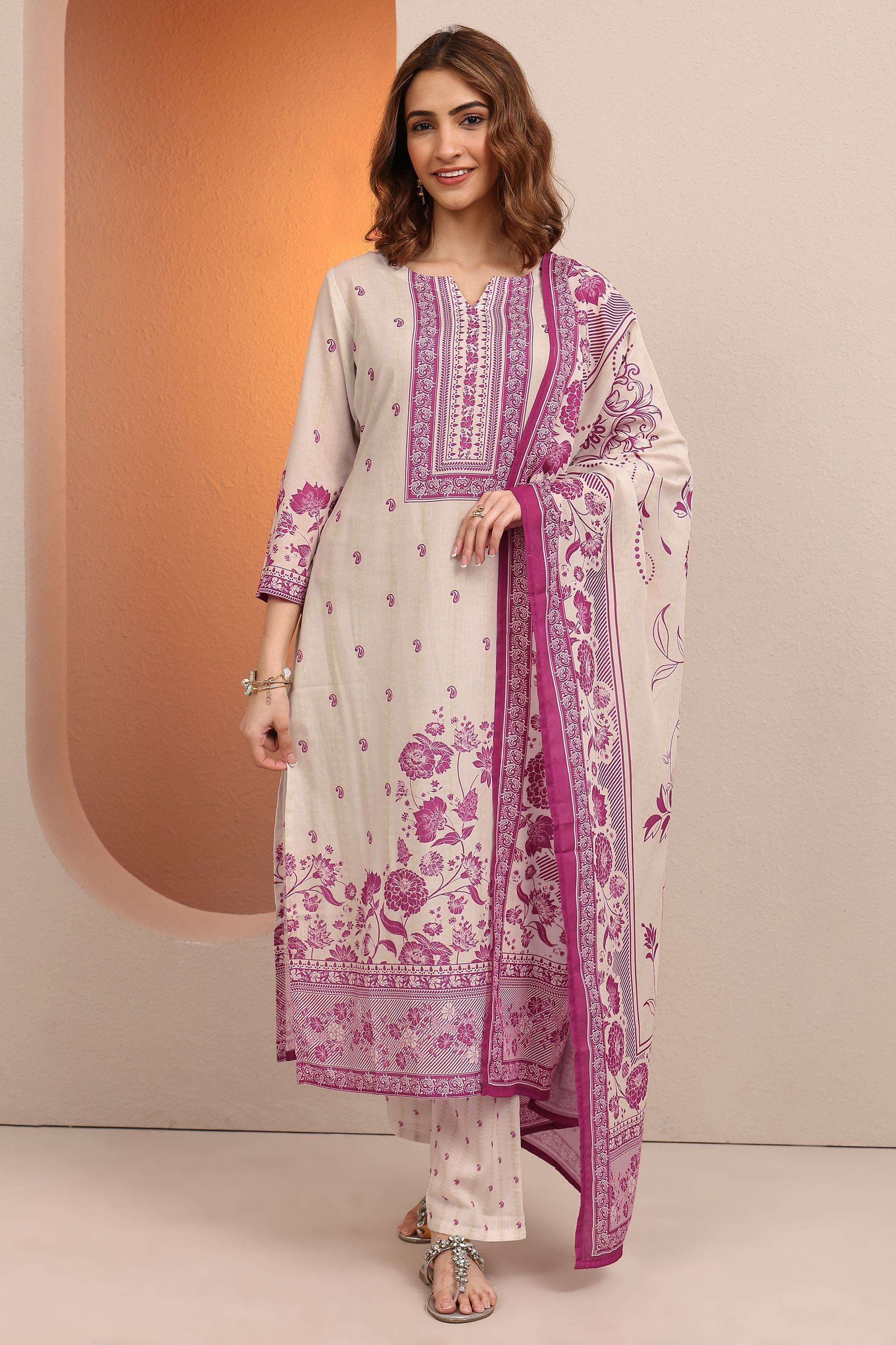 Floral-Cotton-Blend-Round-Neck-Women-Kurta-with-Pant-and-Dupatta