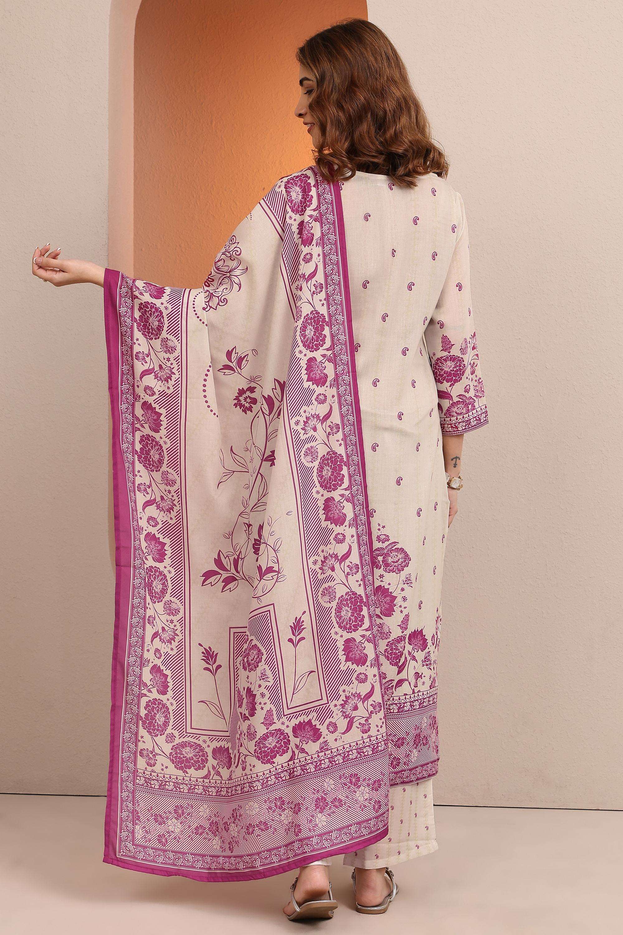 Floral-Cotton-Blend-Round-Neck-Women-Kurta-with-Pant-and-Dupatta
