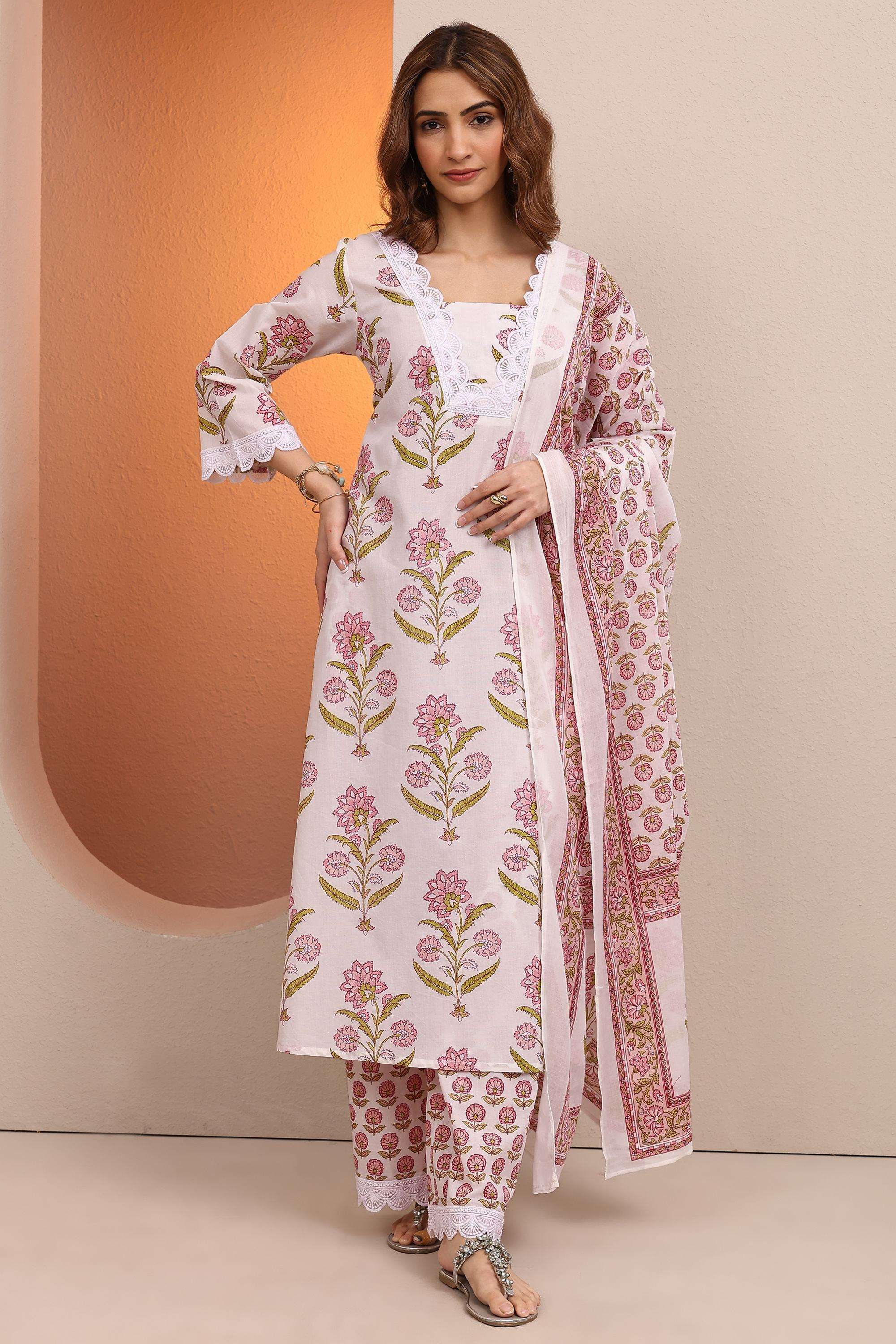 Floral-Cotton-V-Neck-Women-Festive-Wear-Kurta-with-Pant-and-Dupatta