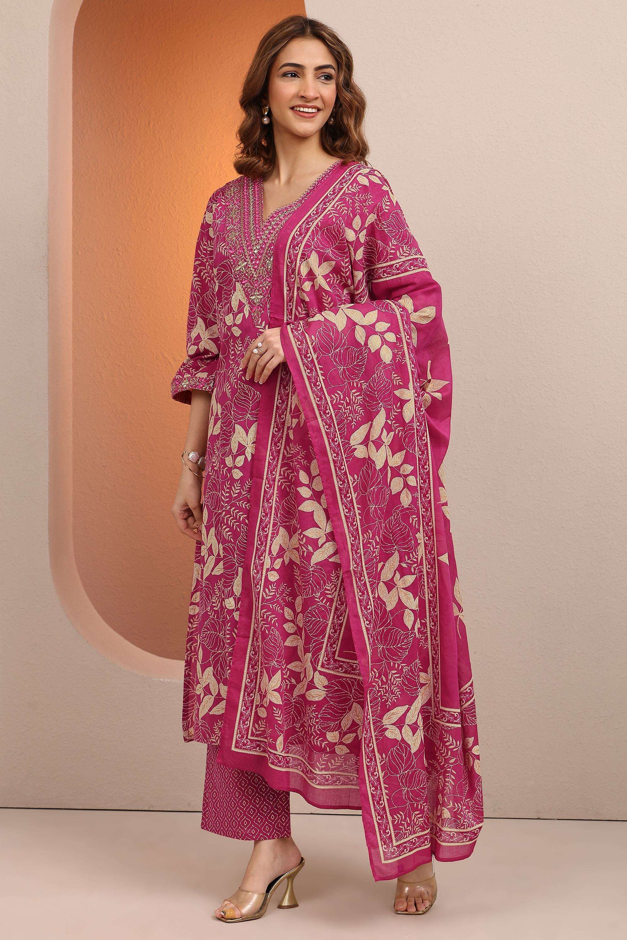 Floral-Cotton-V-Neck-Women-Kurta-with-Pant-and-Dupatta