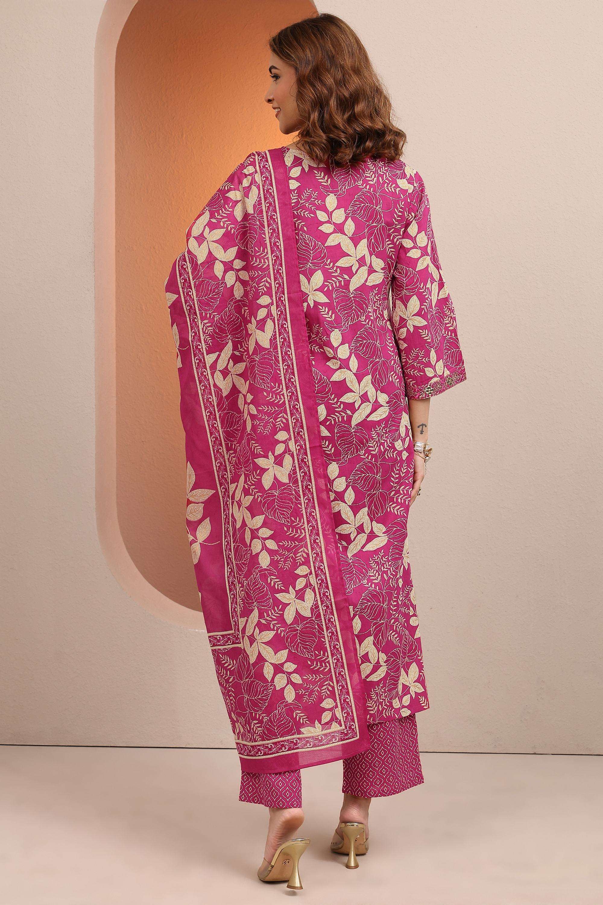 Floral-Cotton-V-Neck-Women-Kurta-with-Pant-and-Dupatta