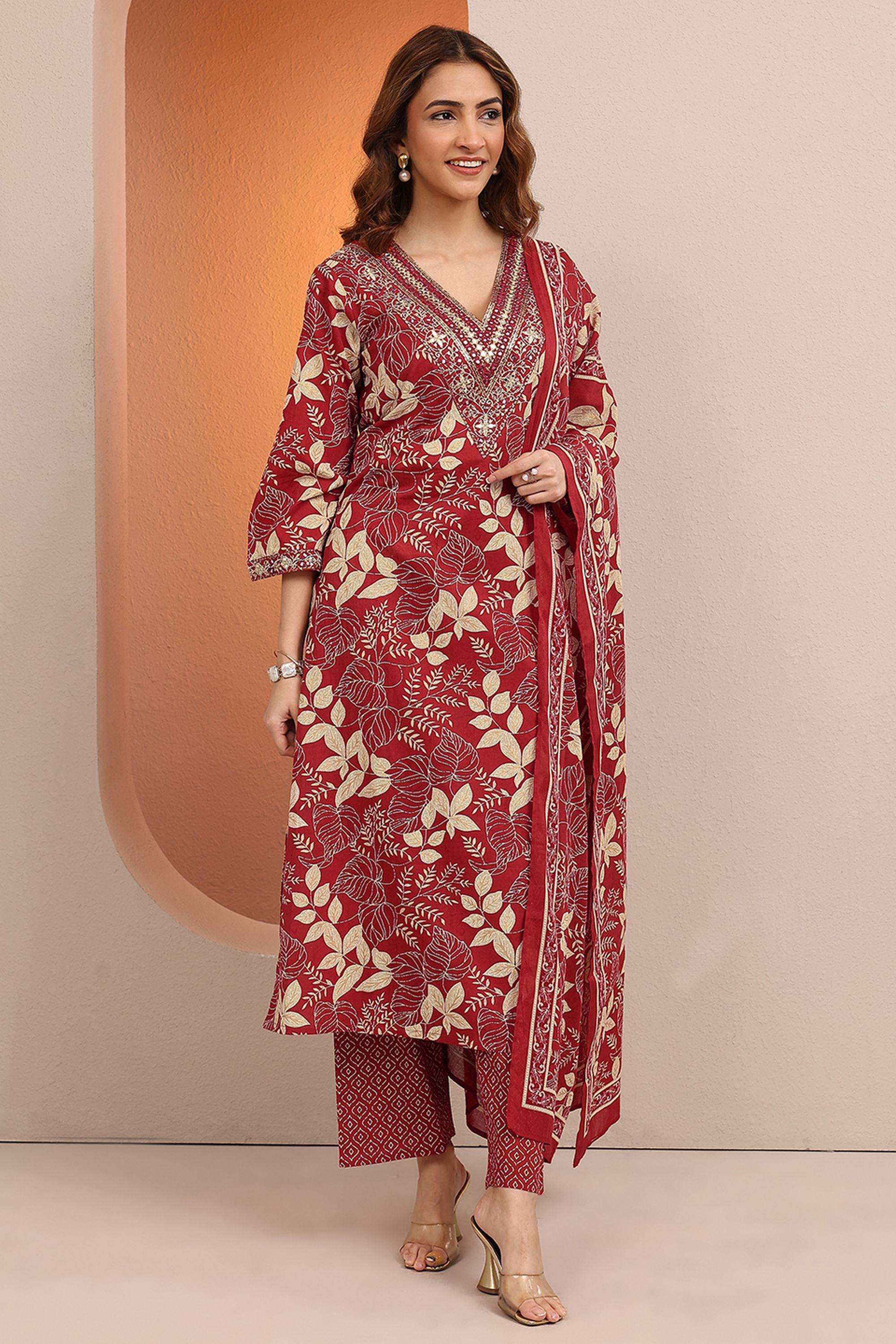Printed-Cotton-V-Neck-Women-s-Ethnic-Kurta-Set