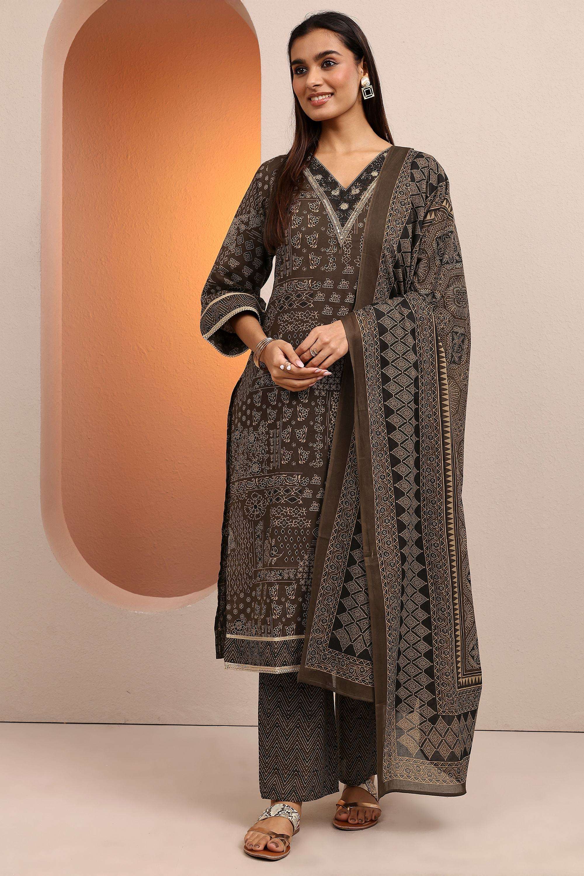 Printed-Cotton-V-Neck-Women-Festive-Wear-Kurta-with-Pant-and-Dupatta