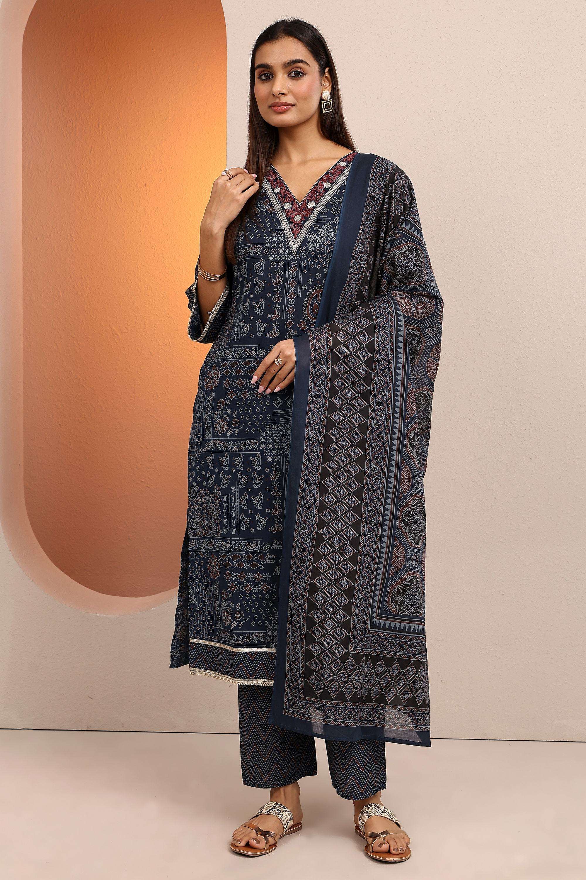 Printed-Cotton-V-Neck-Women-Festive-Wear-Kurta-with-Pant-and-Dupatta