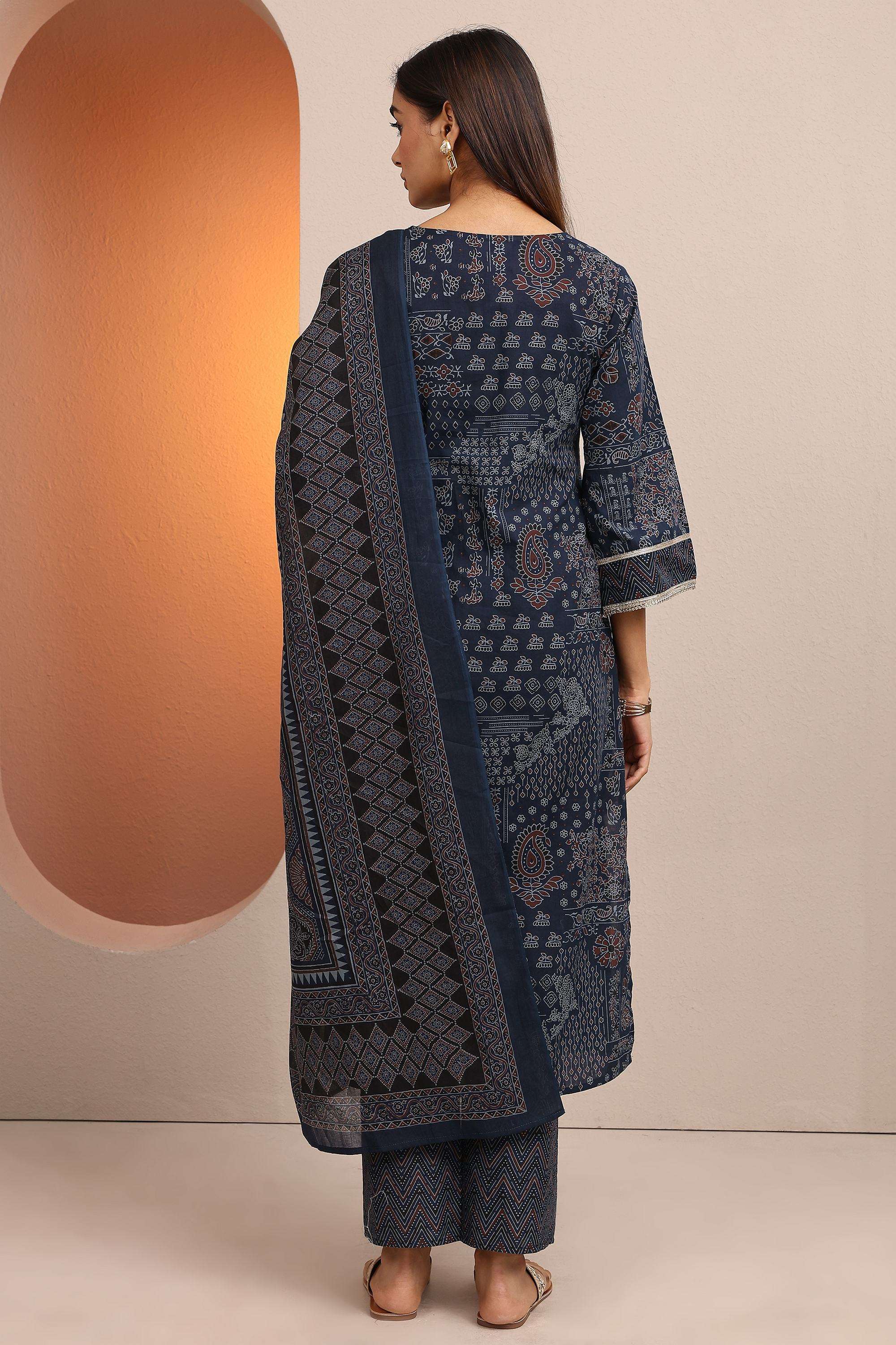 Printed-Cotton-V-Neck-Women-Festive-Wear-Kurta-with-Pant-and-Dupatta