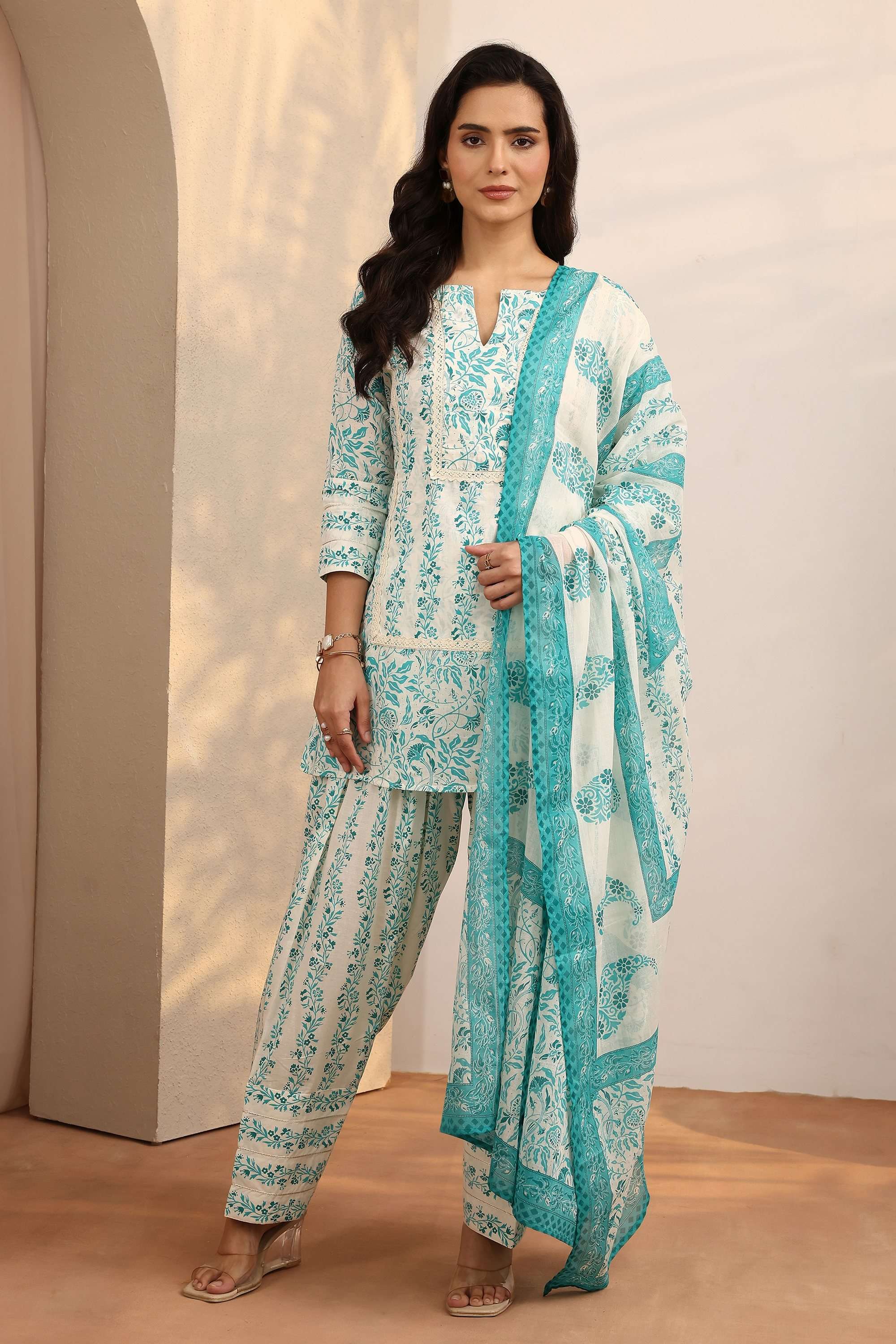 Printed-Collared-Cotton-Women-Kurta-with-Salwar-and-Dupatta