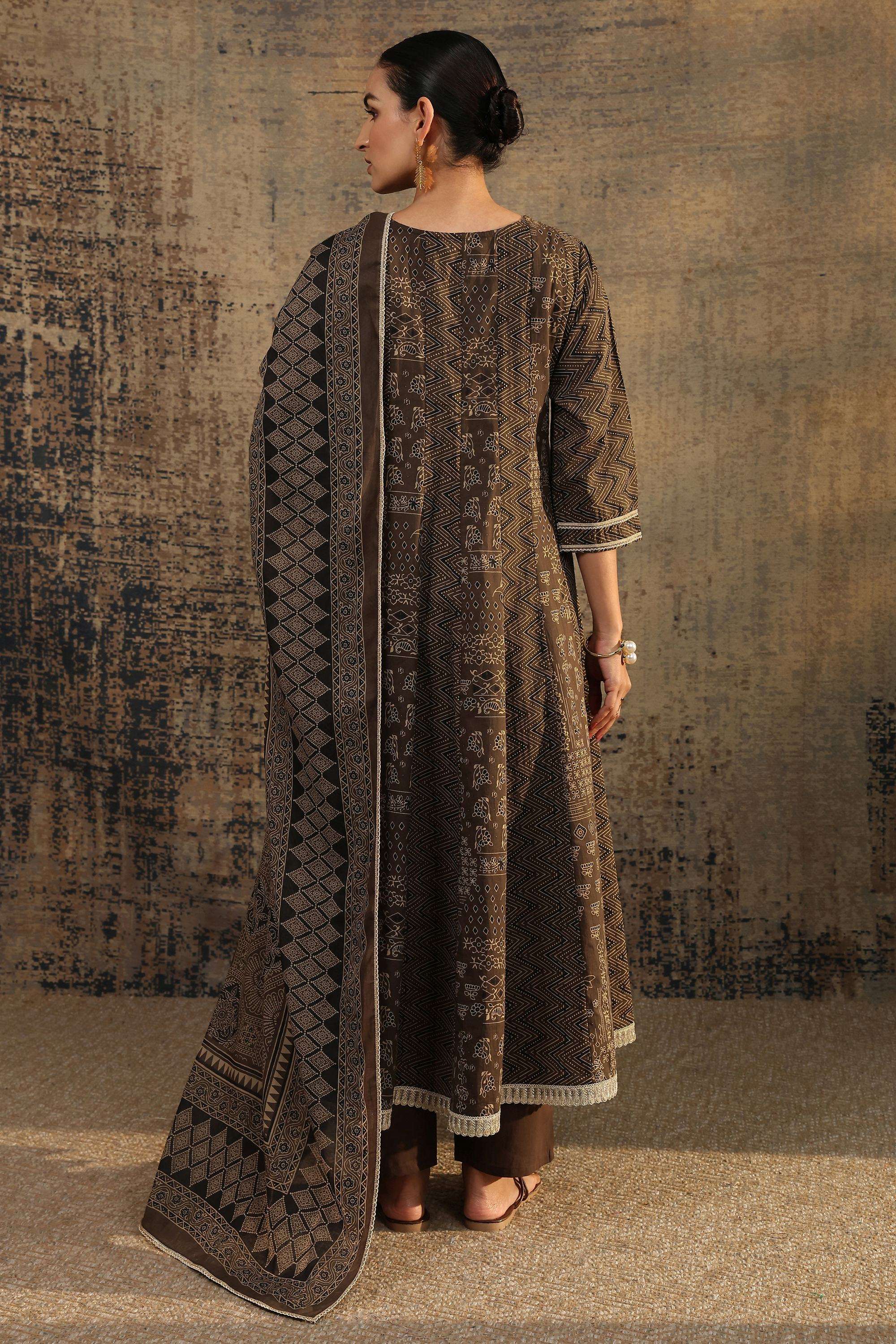 Printed-Cotton-V-Neck-Women-Festive-Wear-Anarkali-Kurta-with-Pant-and-Dupatta