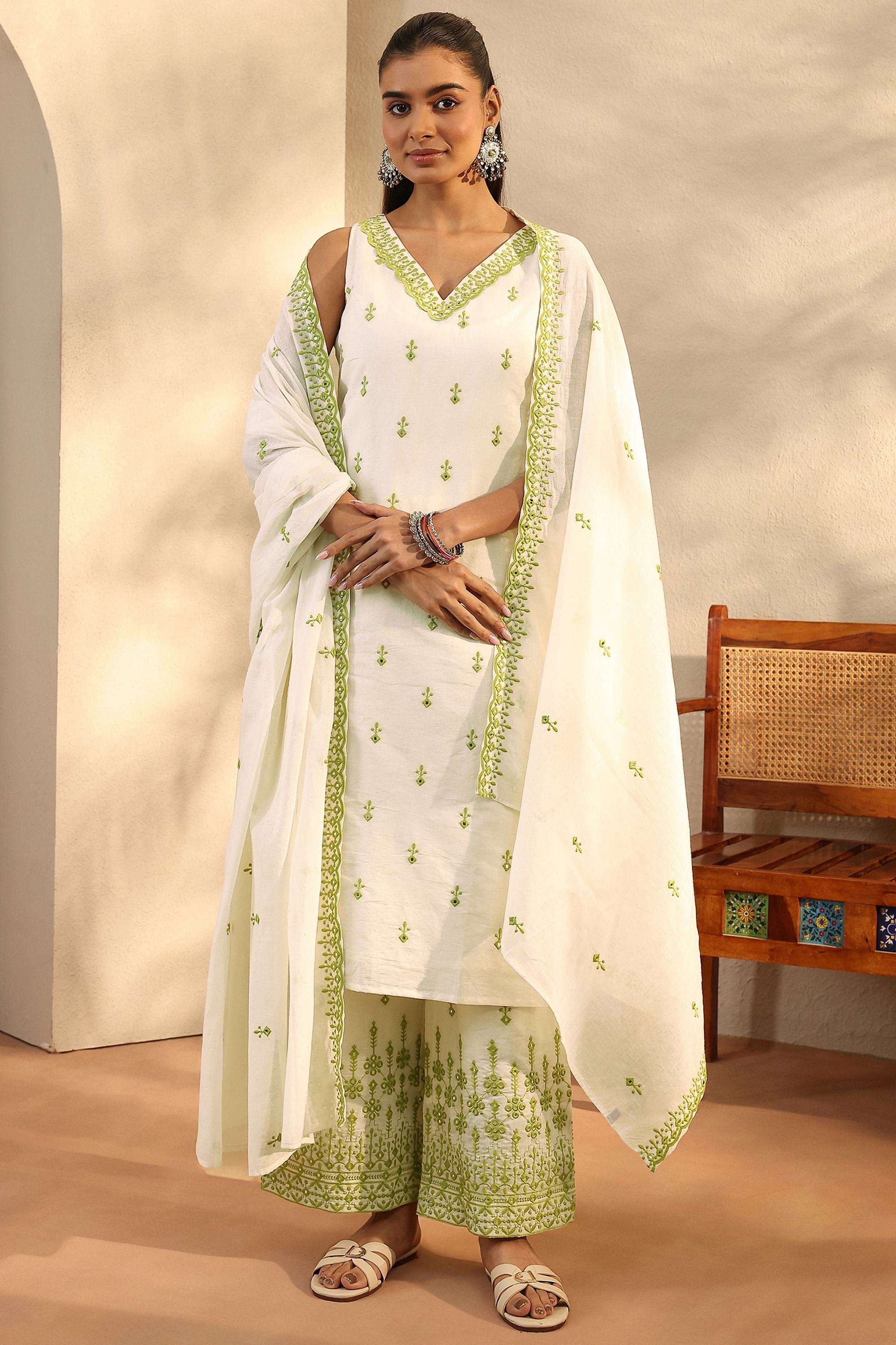 Embroidered-Cotton-V-Neck-Women-Kurta-with-Palazzo-and-Dupatta