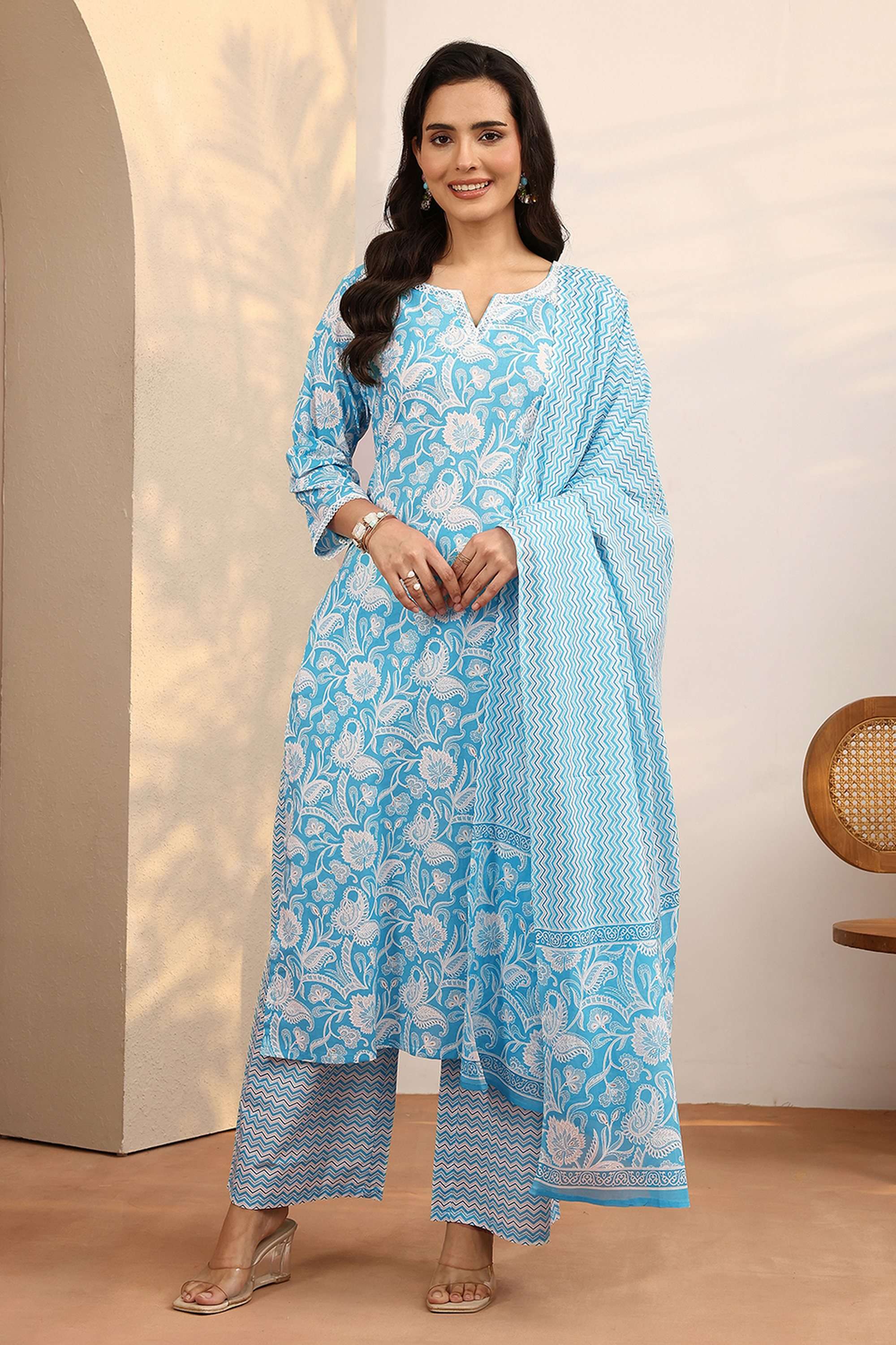 Printed-V-Neck-Cotton-Women-Kurta-with-Palazzo-and-Dupatta