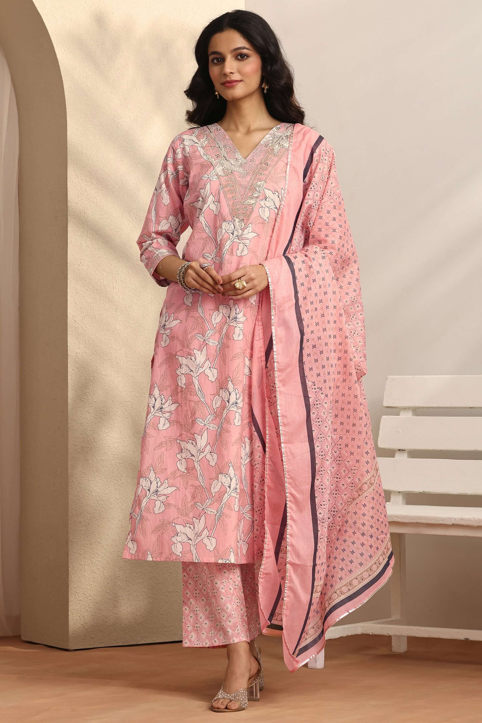 Printed-V-Neck-Cotton-Women-Kurta-with-Pant-and-Dupatta