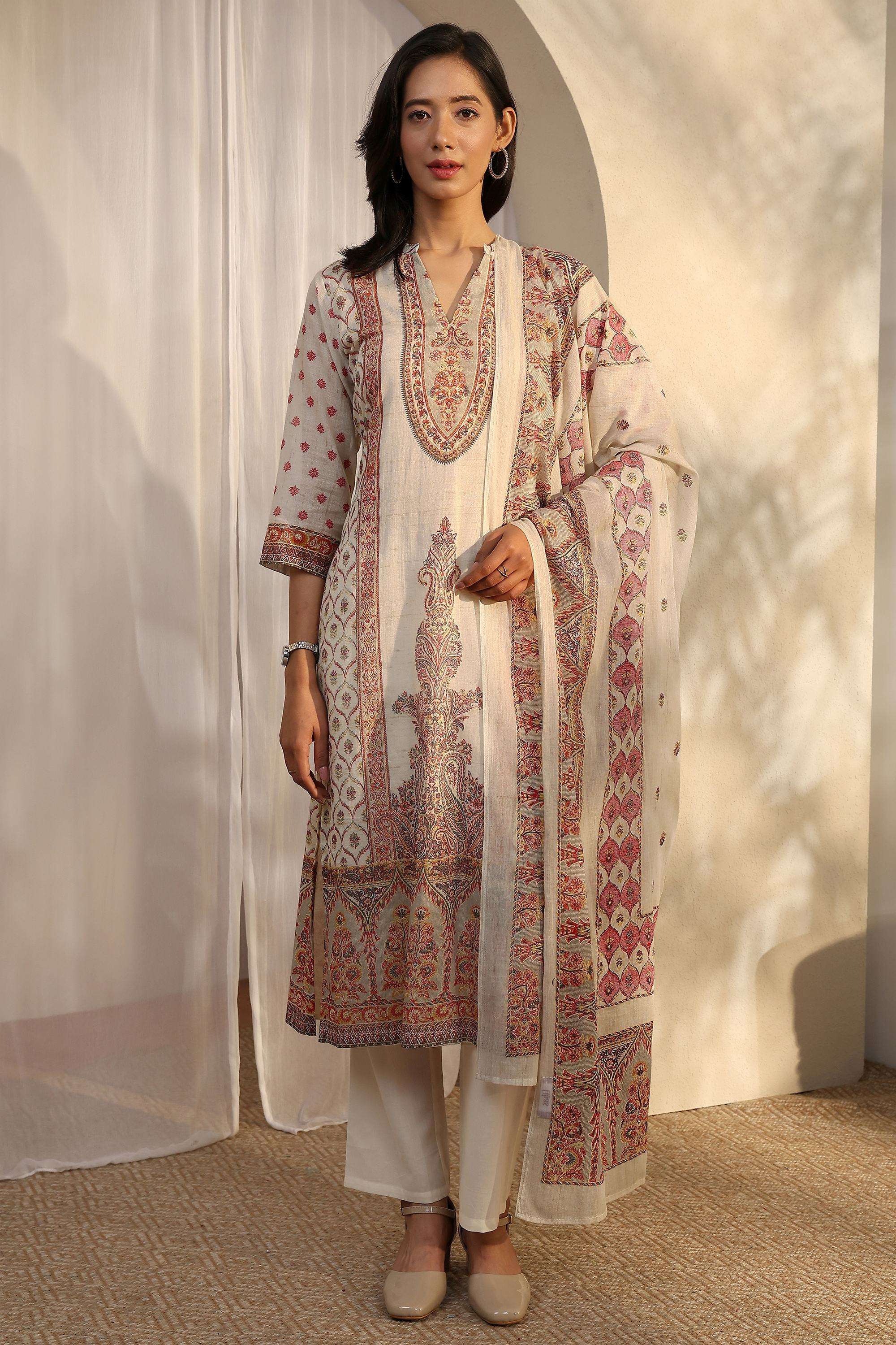 Floral-Cotton-Collared-Women-Kurta-with-Pant-and-Dupatta