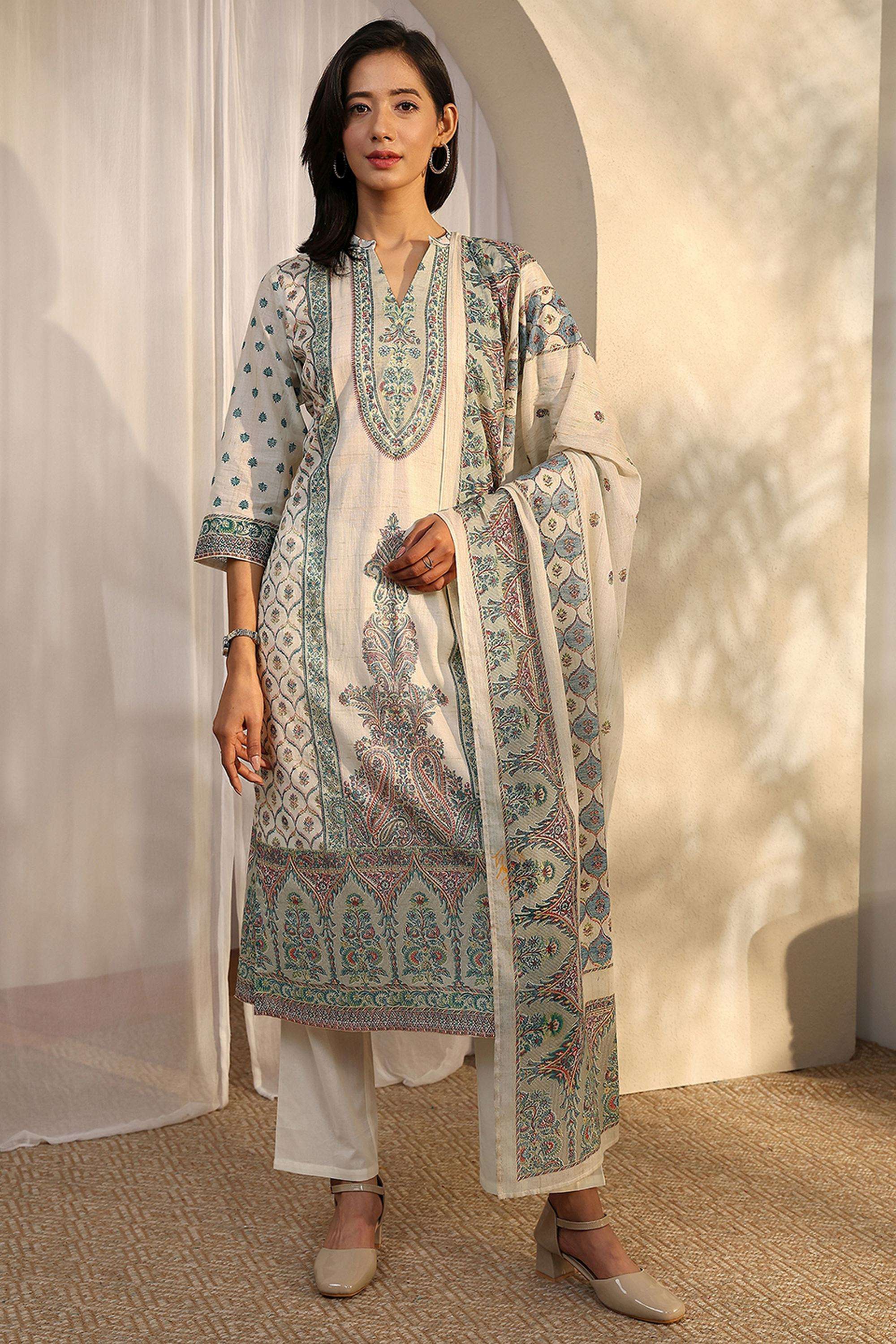 Floral-Cotton-Collared-Women-Kurta-with-Pant-and-Dupatta