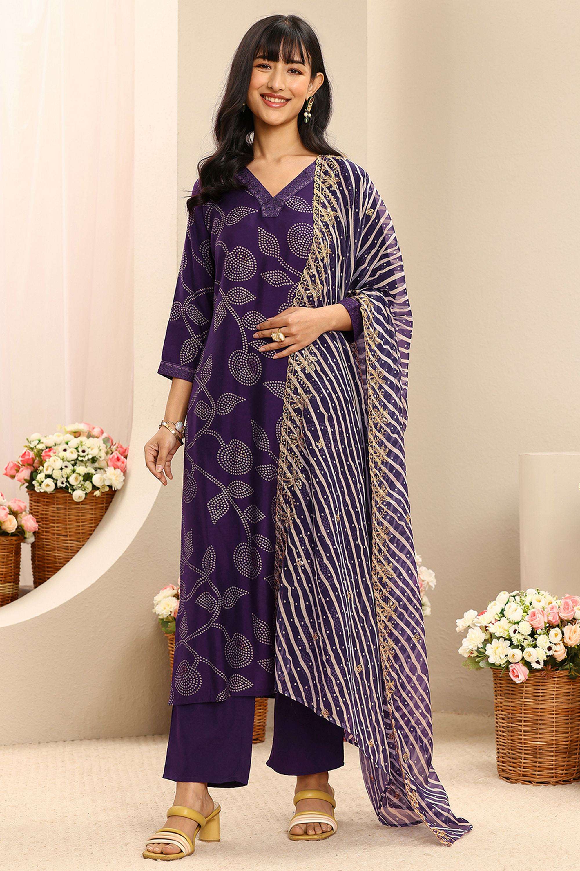 Bandhani-Blended-Fabric-V-Neck-Women-Kurta-with-Pant-and-Dupatta