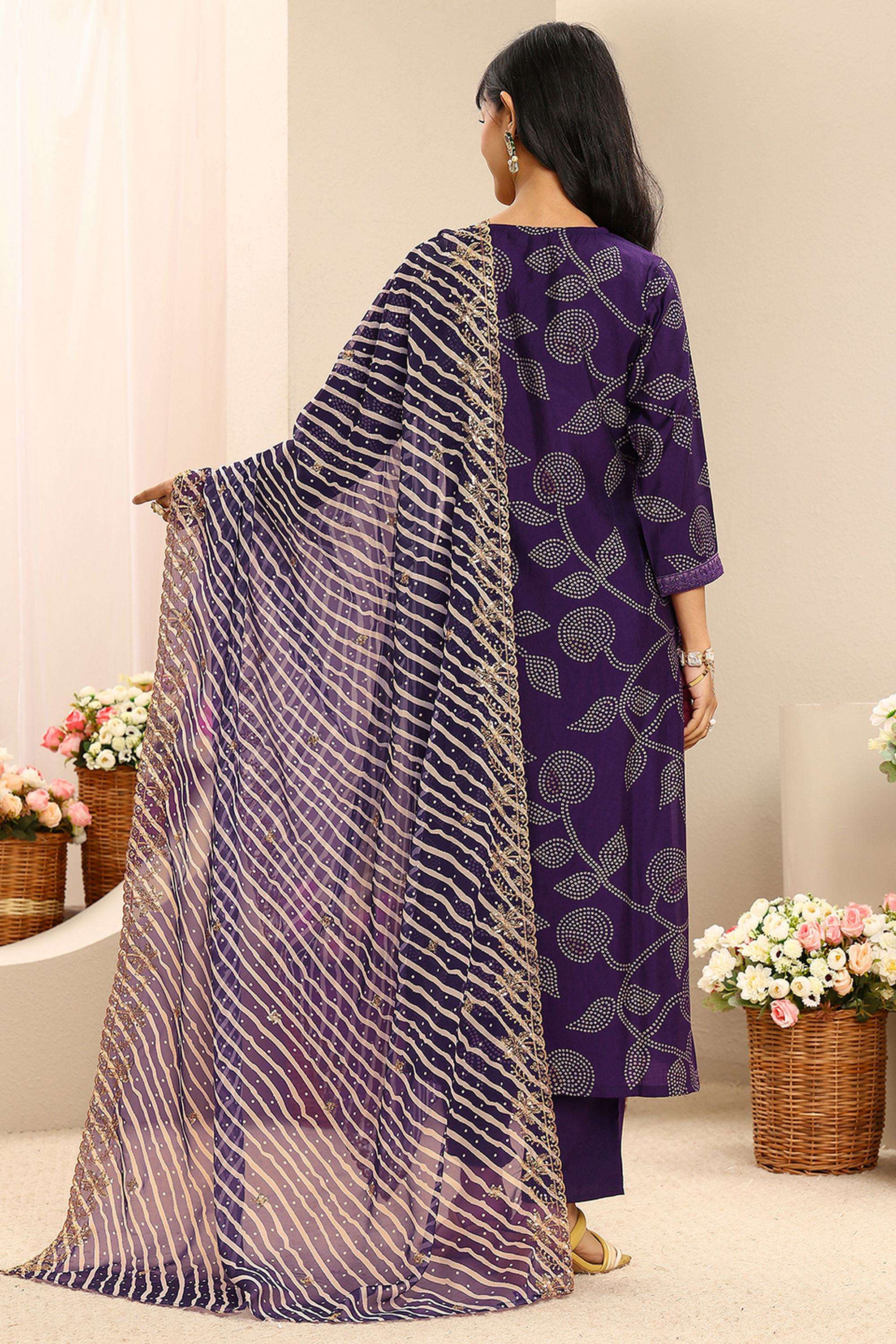 Bandhani-Blended-Fabric-V-Neck-Women-Kurta-with-Pant-and-Dupatta