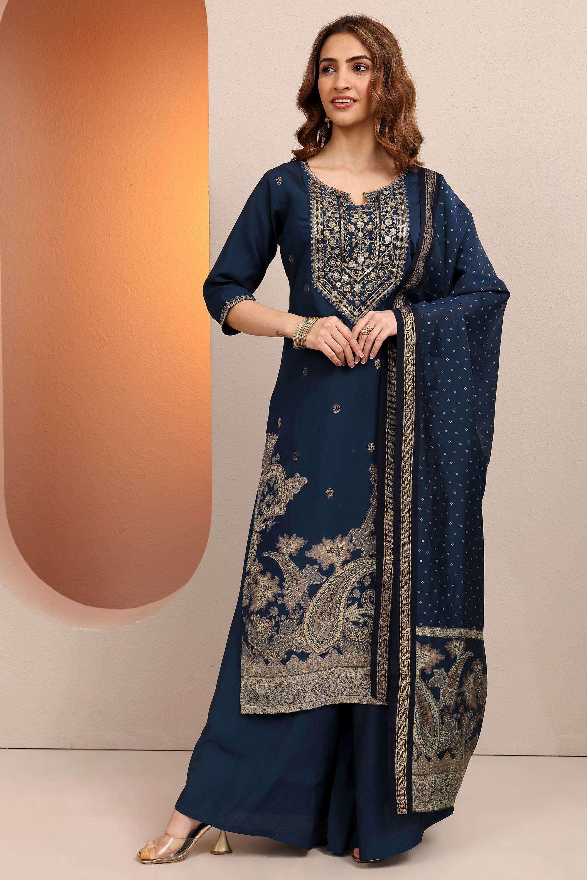 Printed-Silk-Round-Neck-Women-Festive-Wear-Kurta-with-Palazzo-and-Dupatta