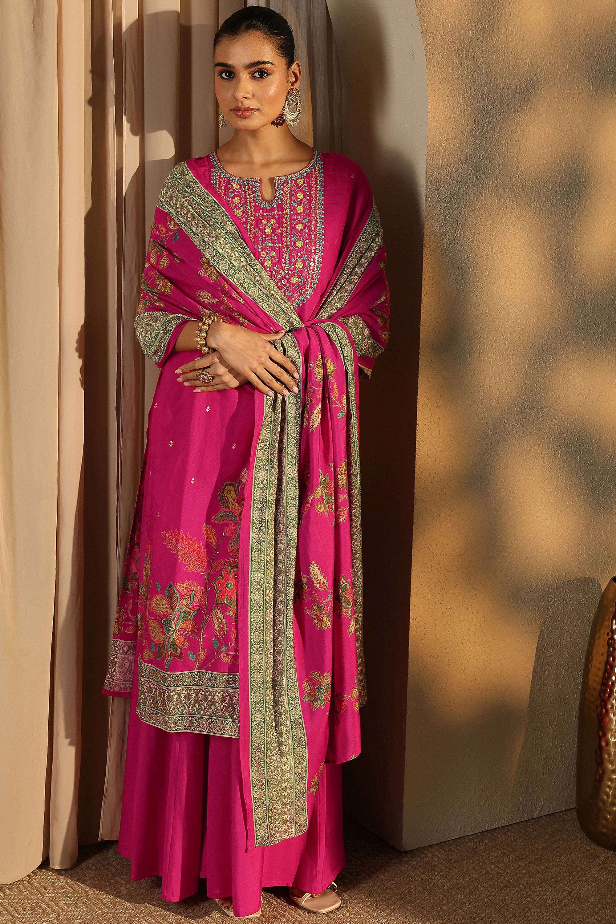 Floral-Silk-Round-Neck-Women-Festive-Wear-Kurta-with-Palazzo-and-Dupatta
