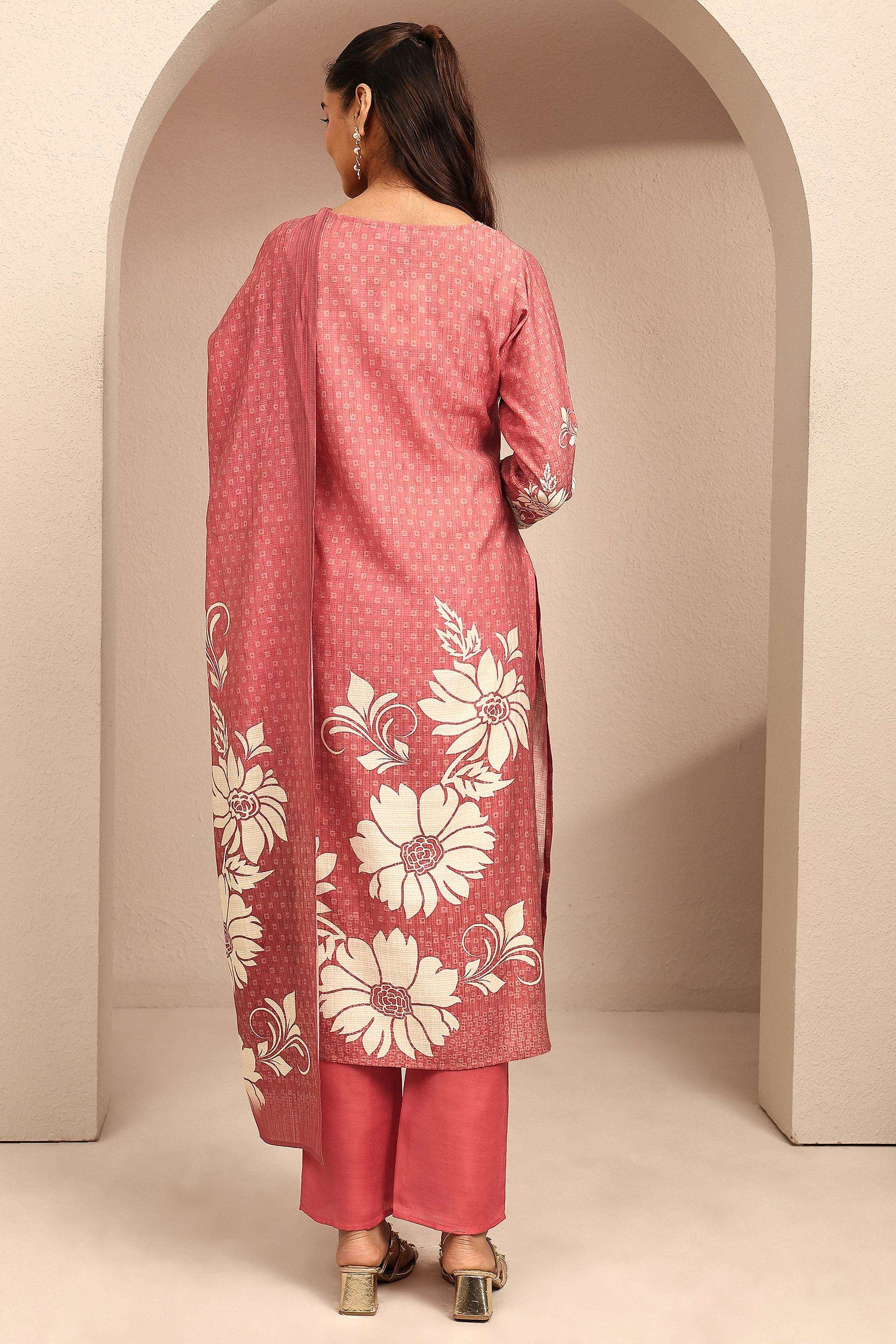 Floral-Blended-Fabric-V-Neck-Women-Kurta-with-Pant-and-Dupatta
