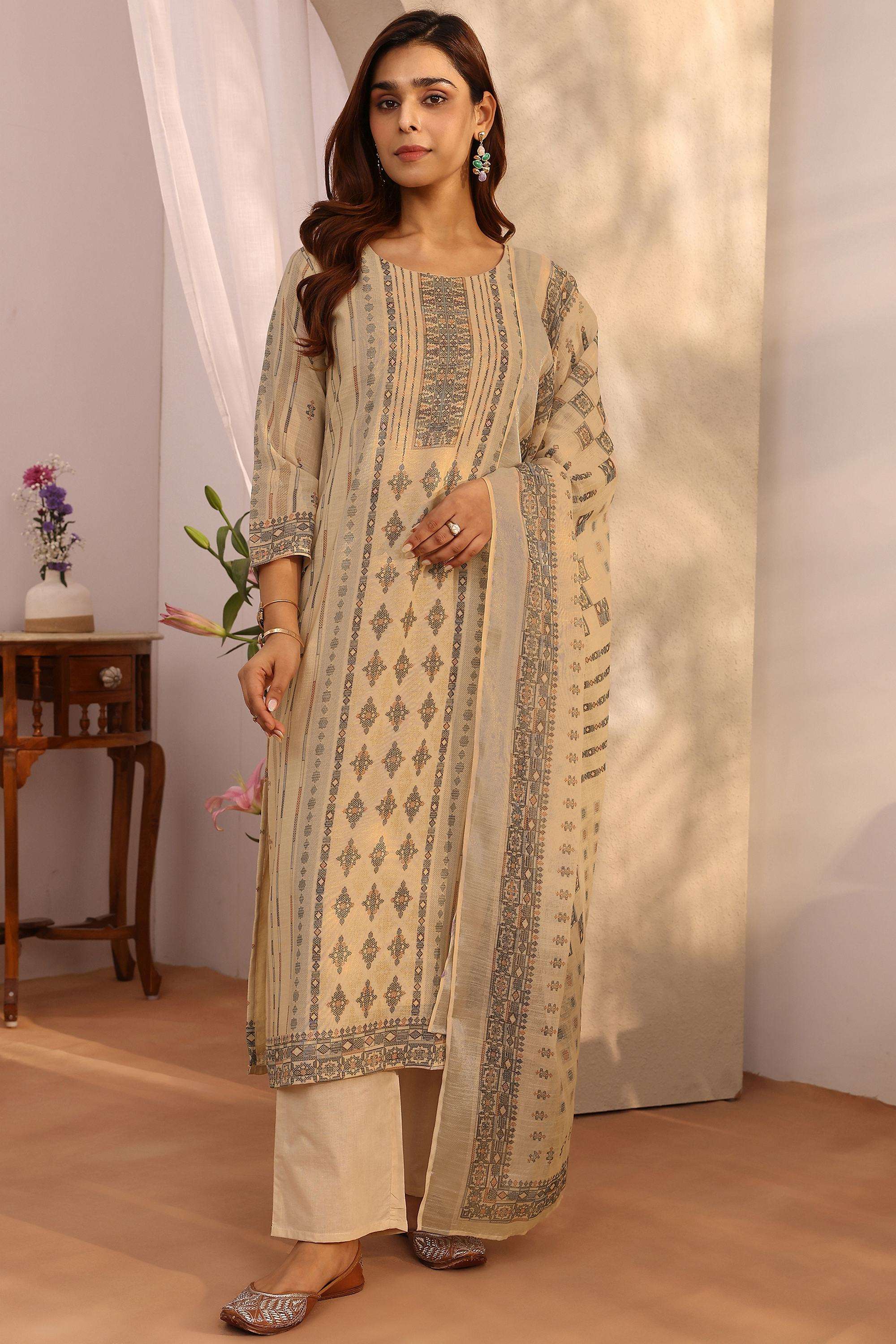Printed-Linen-Round-Neck-Women-Kurta-with-Pant-and-Dupatta