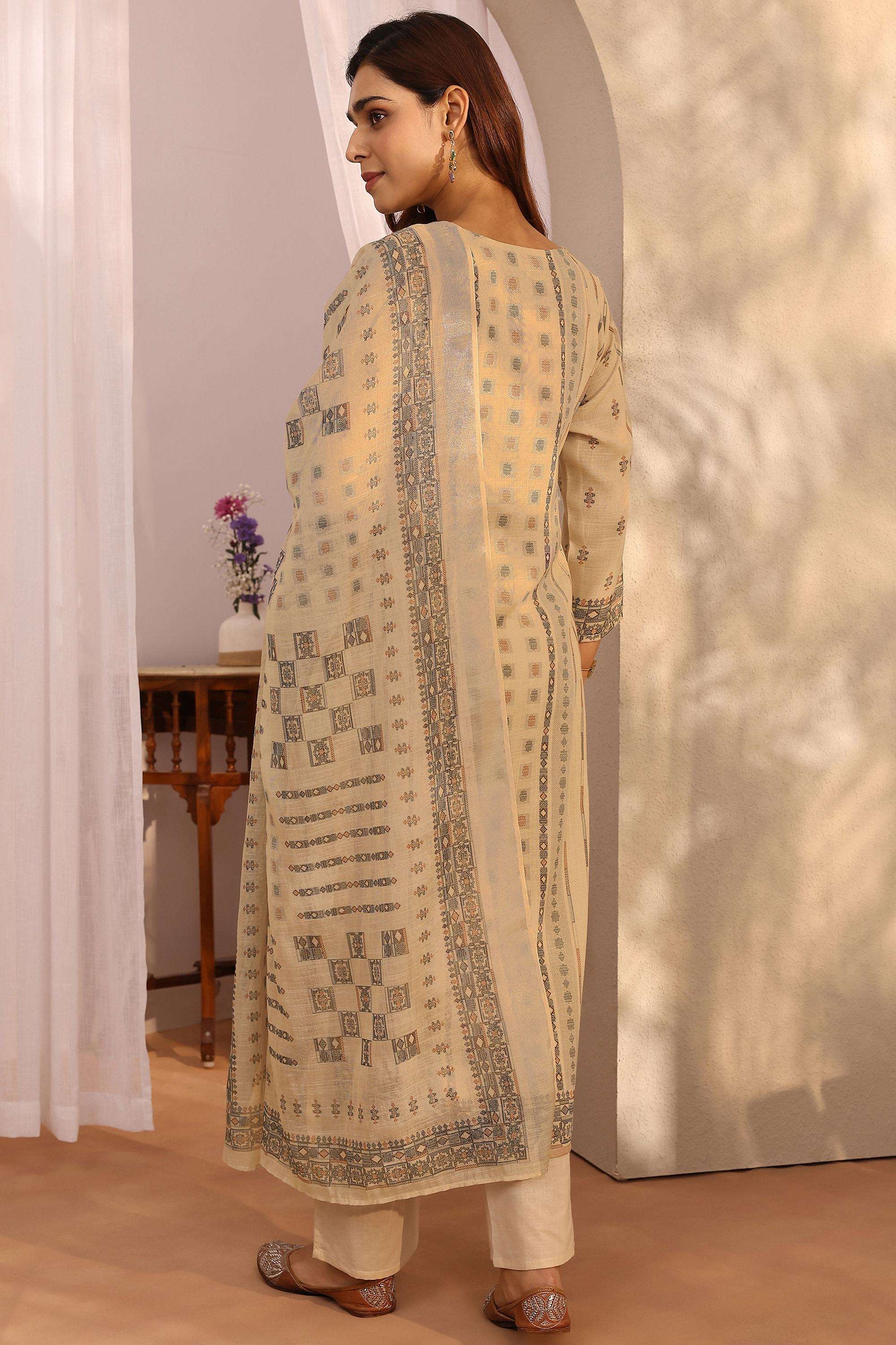 Printed-Linen-Round-Neck-Women-Kurta-with-Pant-and-Dupatta
