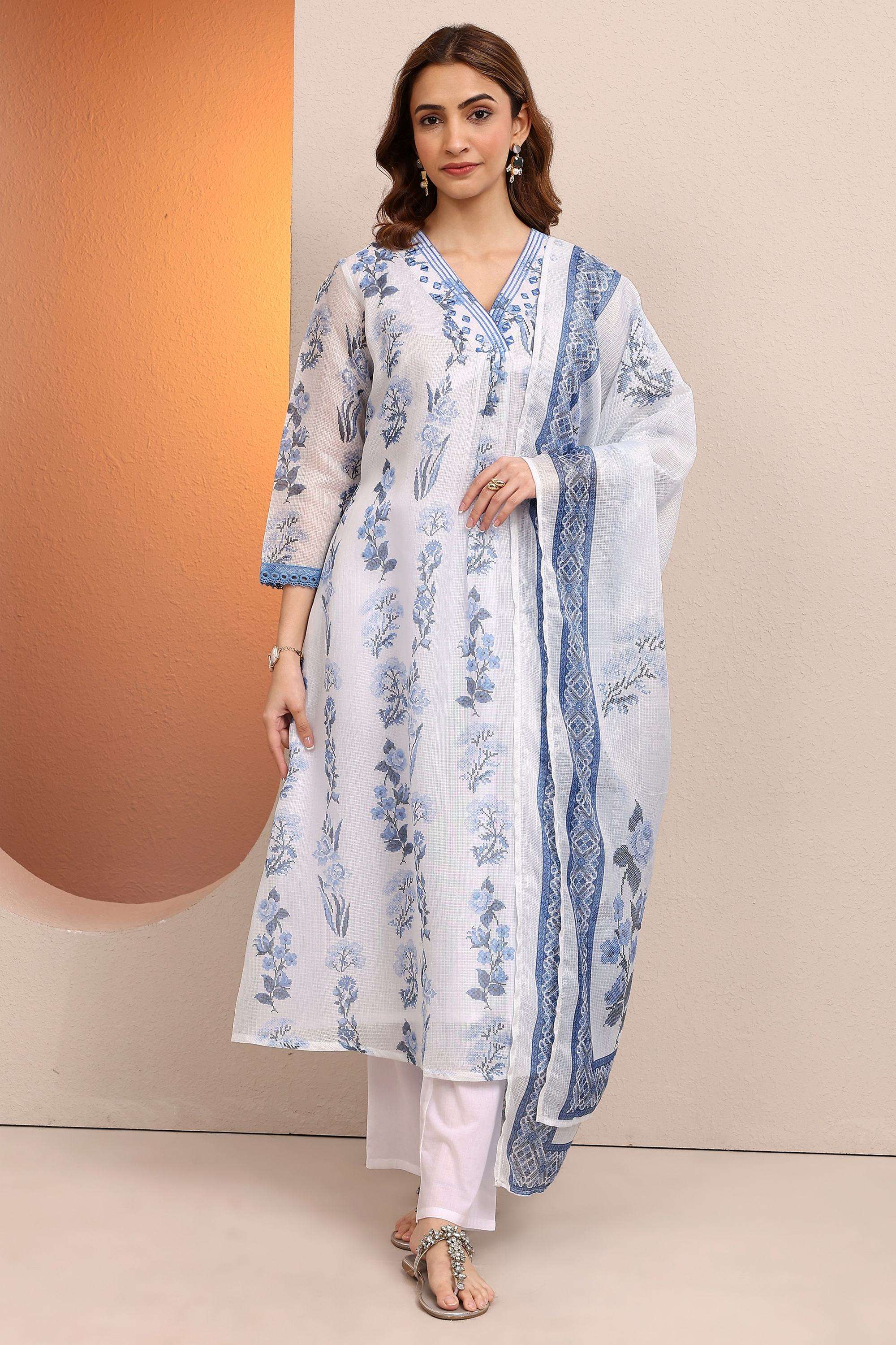 Printed-Blended-Fabric-V-Neck-Women-s-Festive-Wear-Kurta-Set