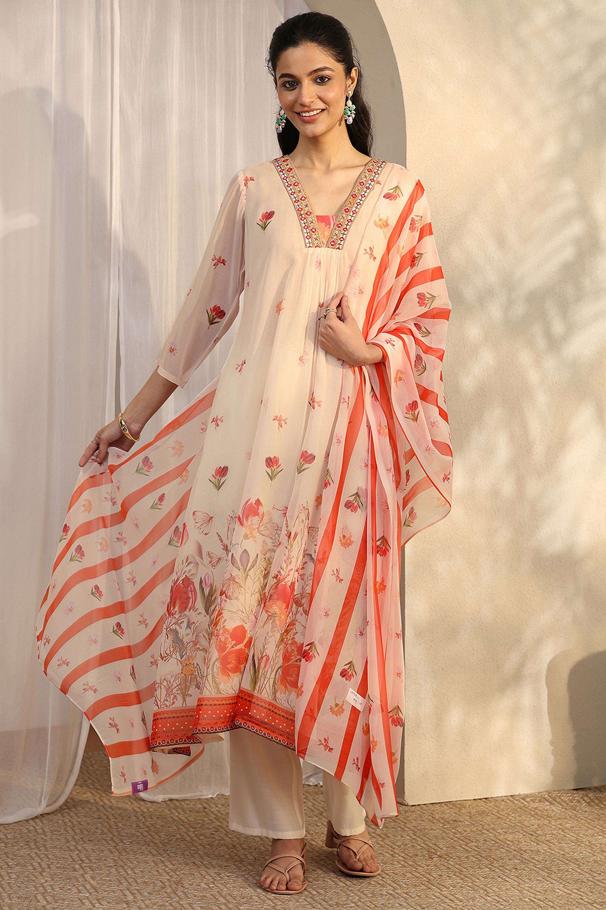 Floral-Chiffon-V-Neck-Women-Kurta-with-Pant-and-Dupatta