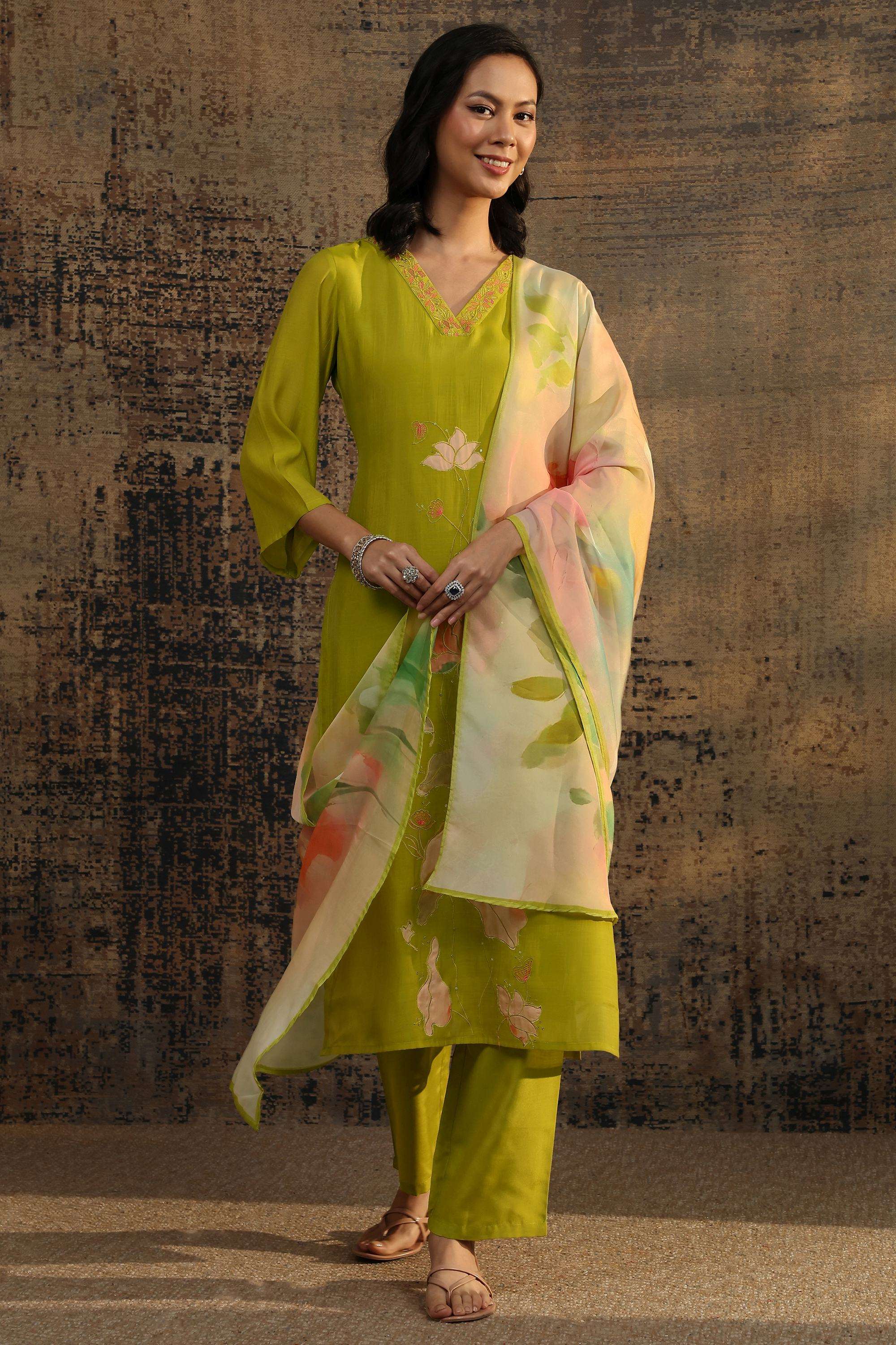 Floral-Chanderi-V-Neck-Women-Kurta-with-Pant-and-Dupatta