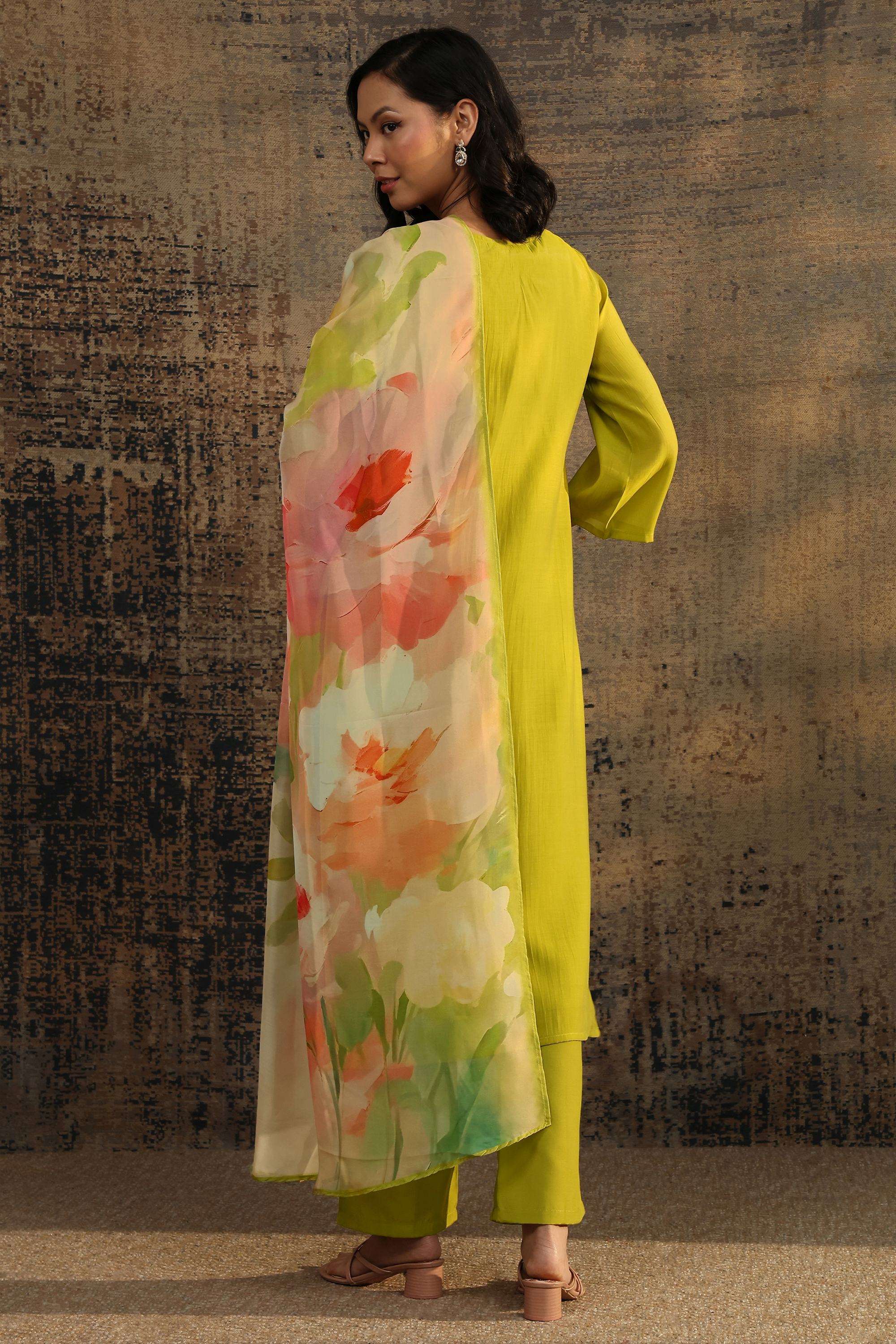Floral-Chanderi-V-Neck-Women-Kurta-with-Pant-and-Dupatta