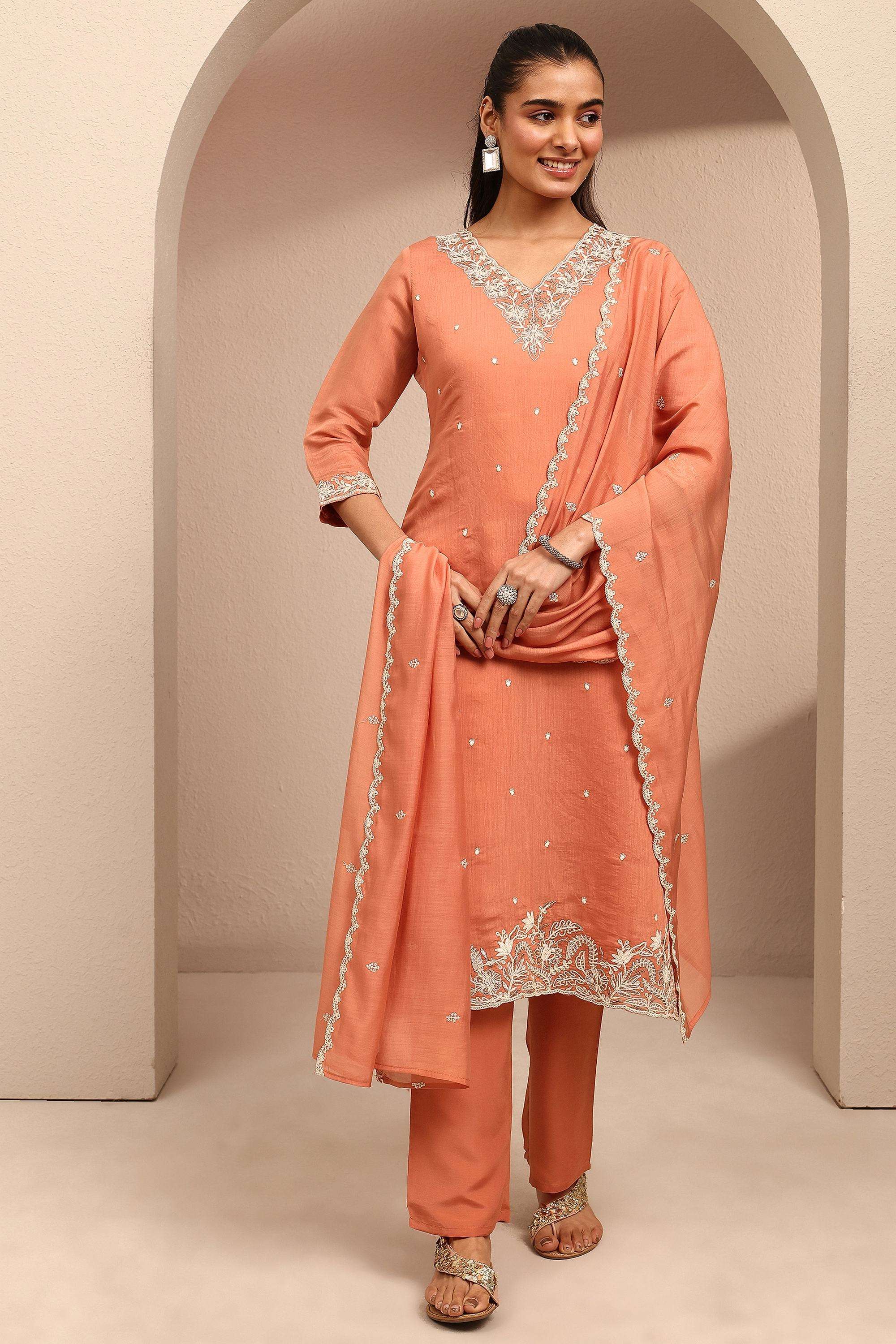 Embroidered-Chanderi-V-Neck-Women-Kurta-with-Pant-and-Dupatta