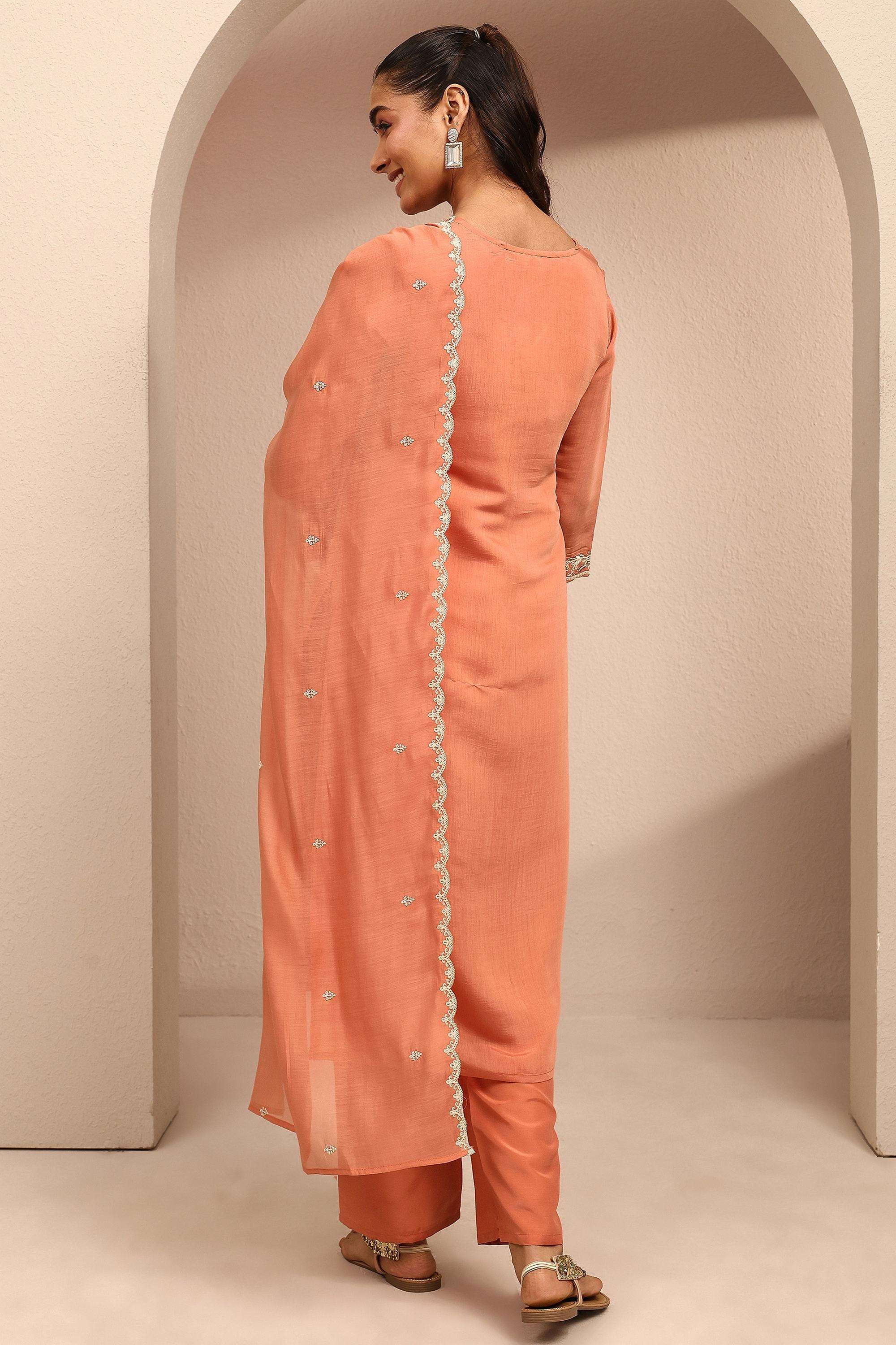 Embroidered-Chanderi-V-Neck-Women-Kurta-with-Pant-and-Dupatta