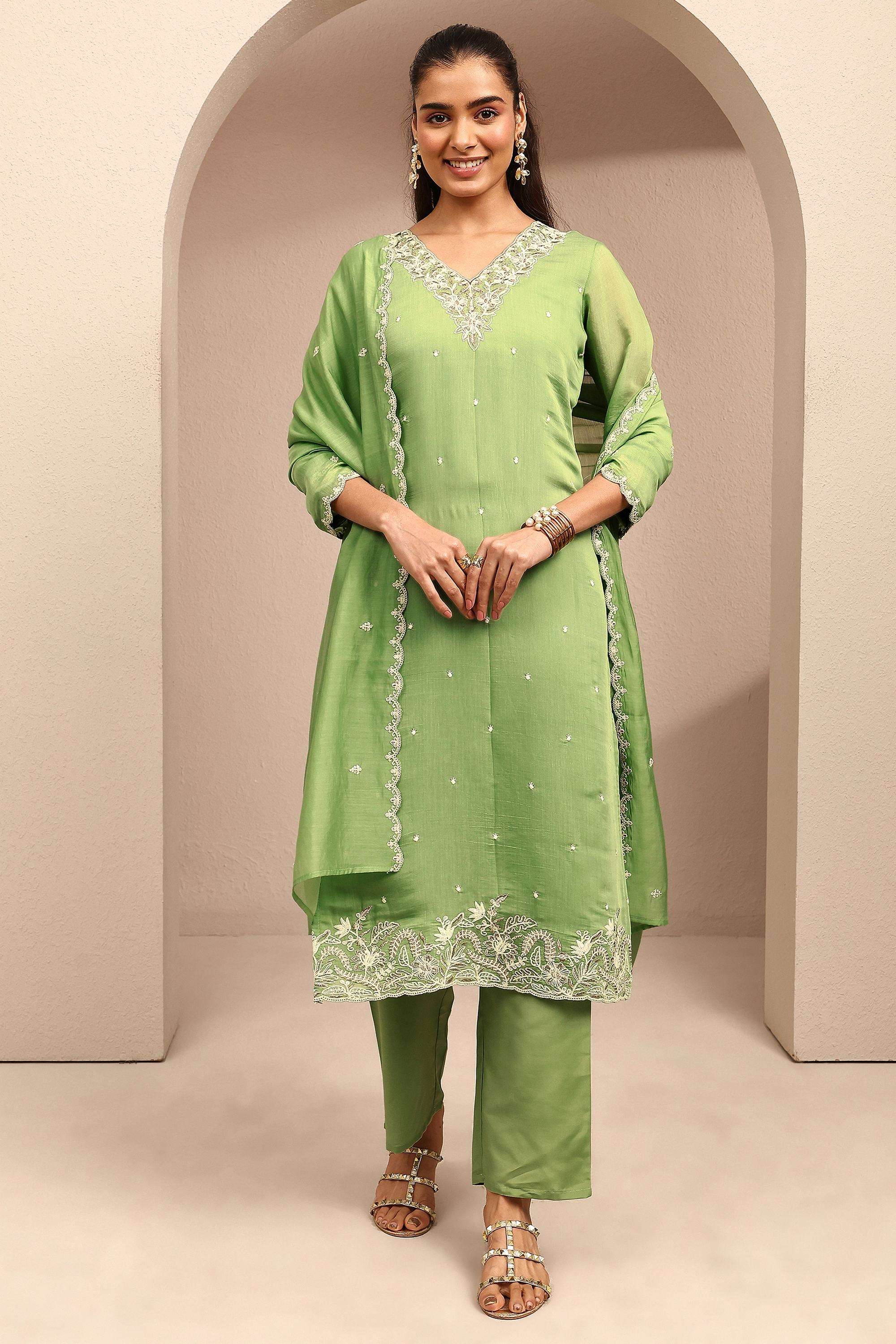 Embroidered-Chanderi-V-Neck-Women-Kurta-with-Pant-and-Dupatta