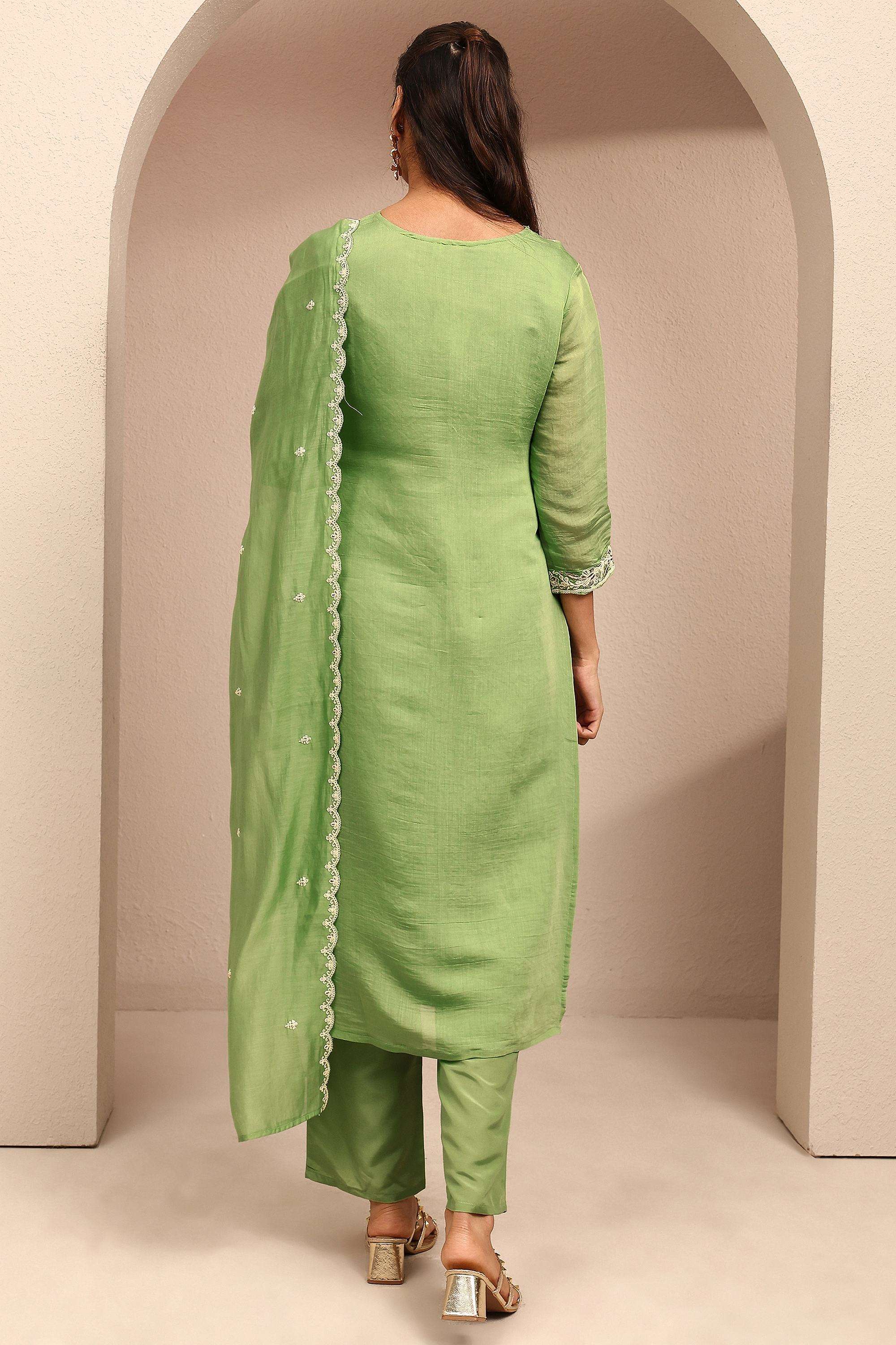 Embroidered-Chanderi-V-Neck-Women-Kurta-with-Pant-and-Dupatta