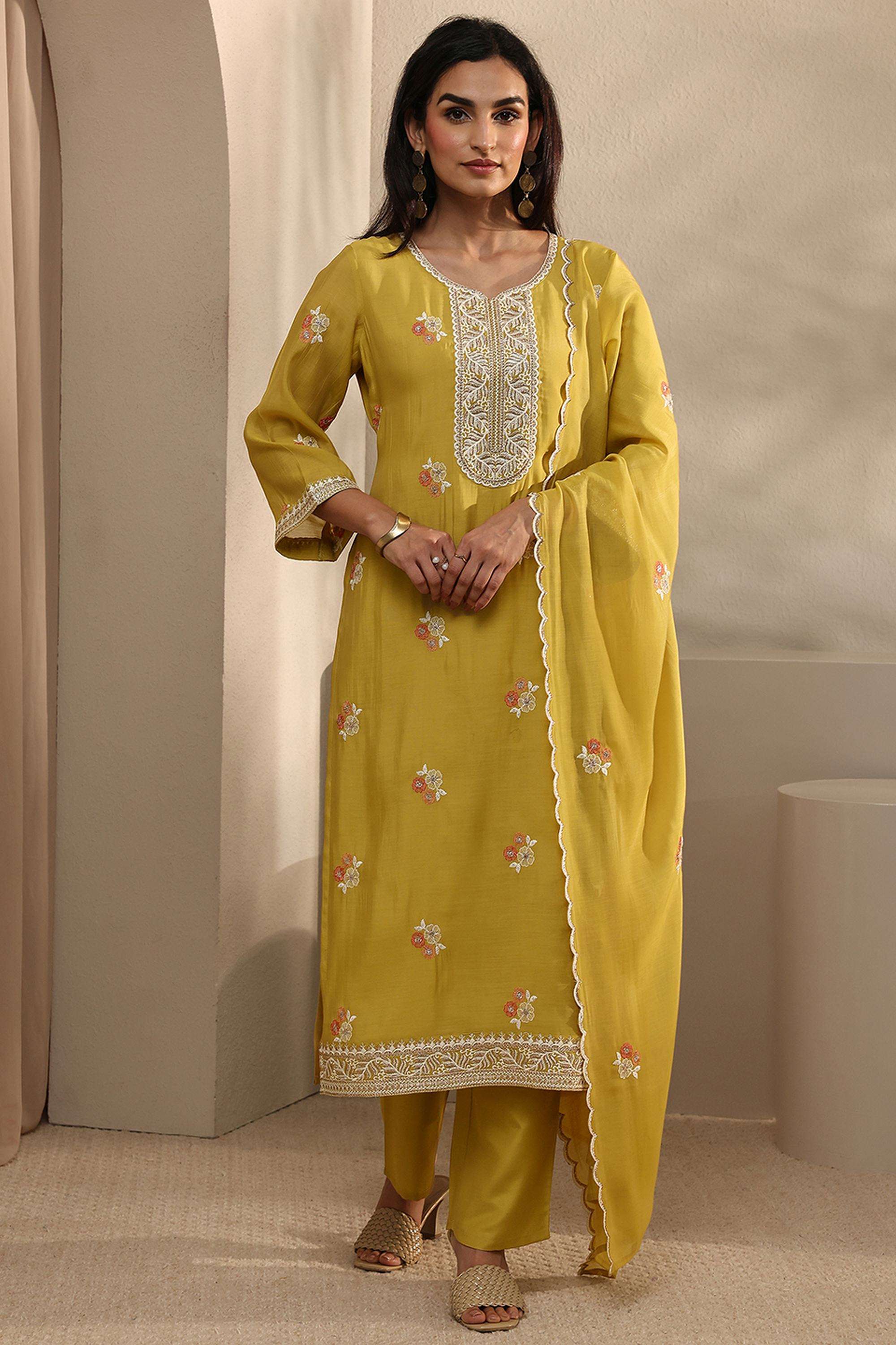 Embroidered-Chanderi-Round-Neck-Women-Kurta-with-Pant-and-Dupatta