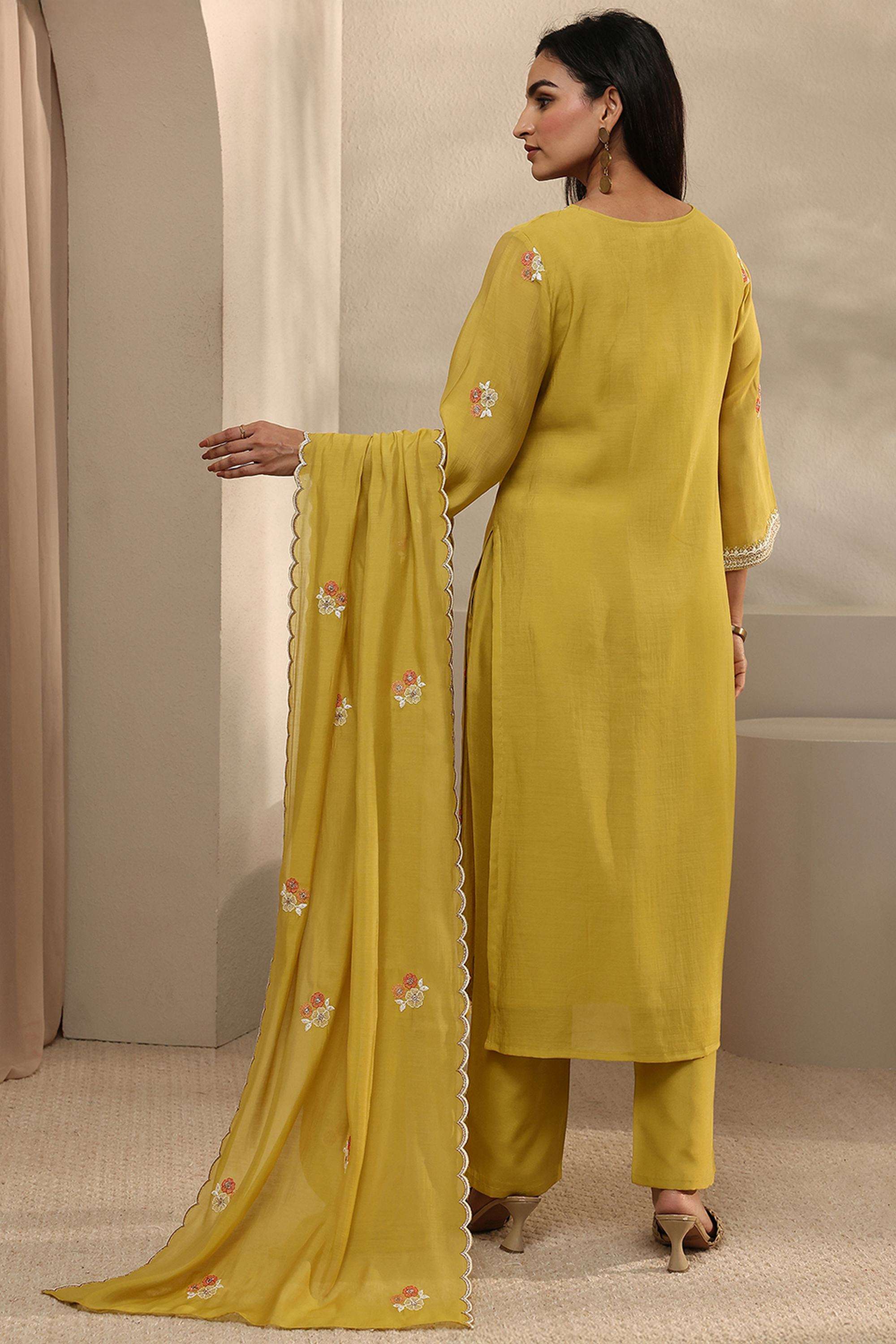 Embroidered-Chanderi-Round-Neck-Women-Kurta-with-Pant-and-Dupatta