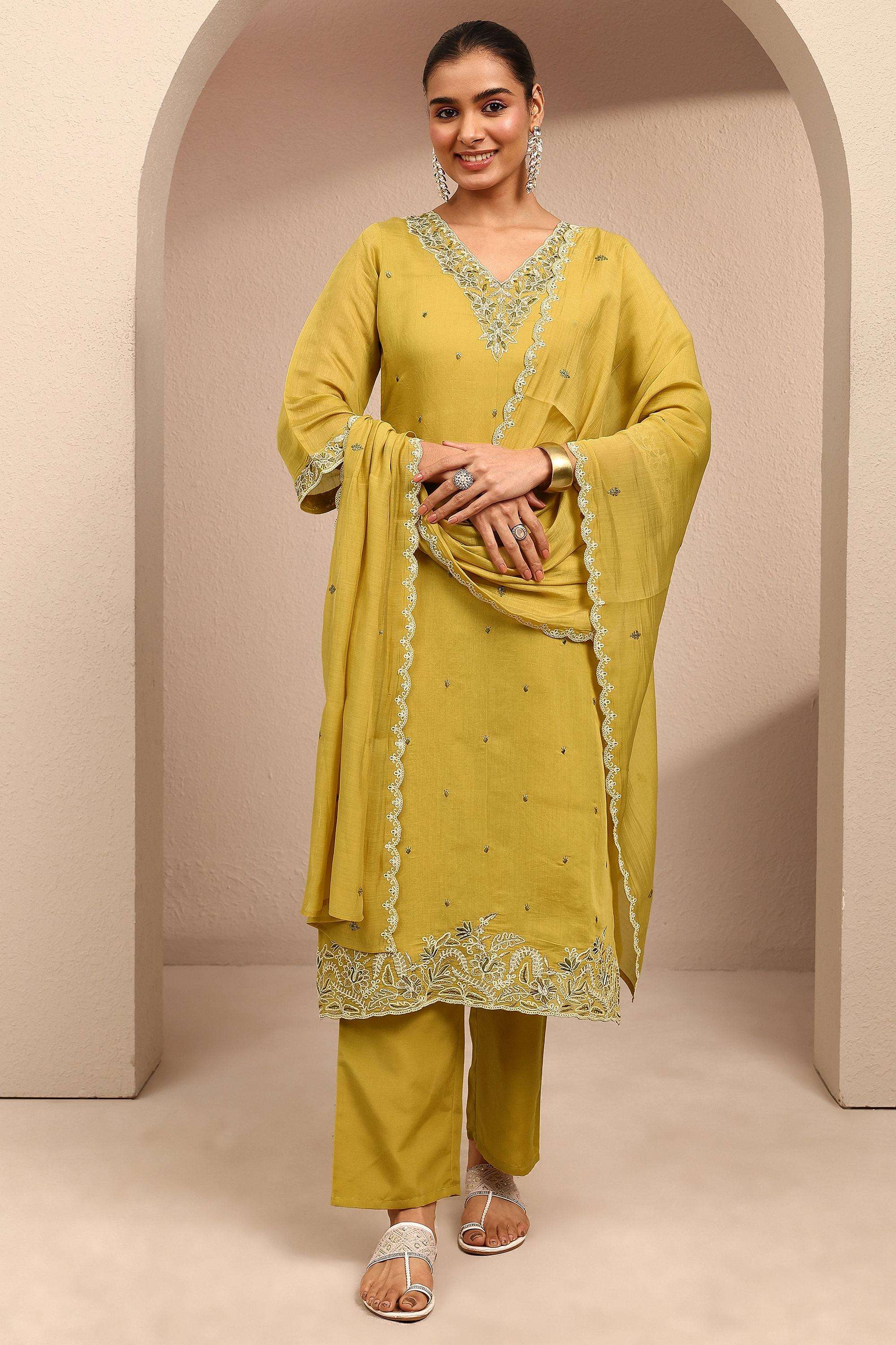 Embroidered-Chanderi-V-Neck-Women-Kurta-with-Pant-and-Dupatta